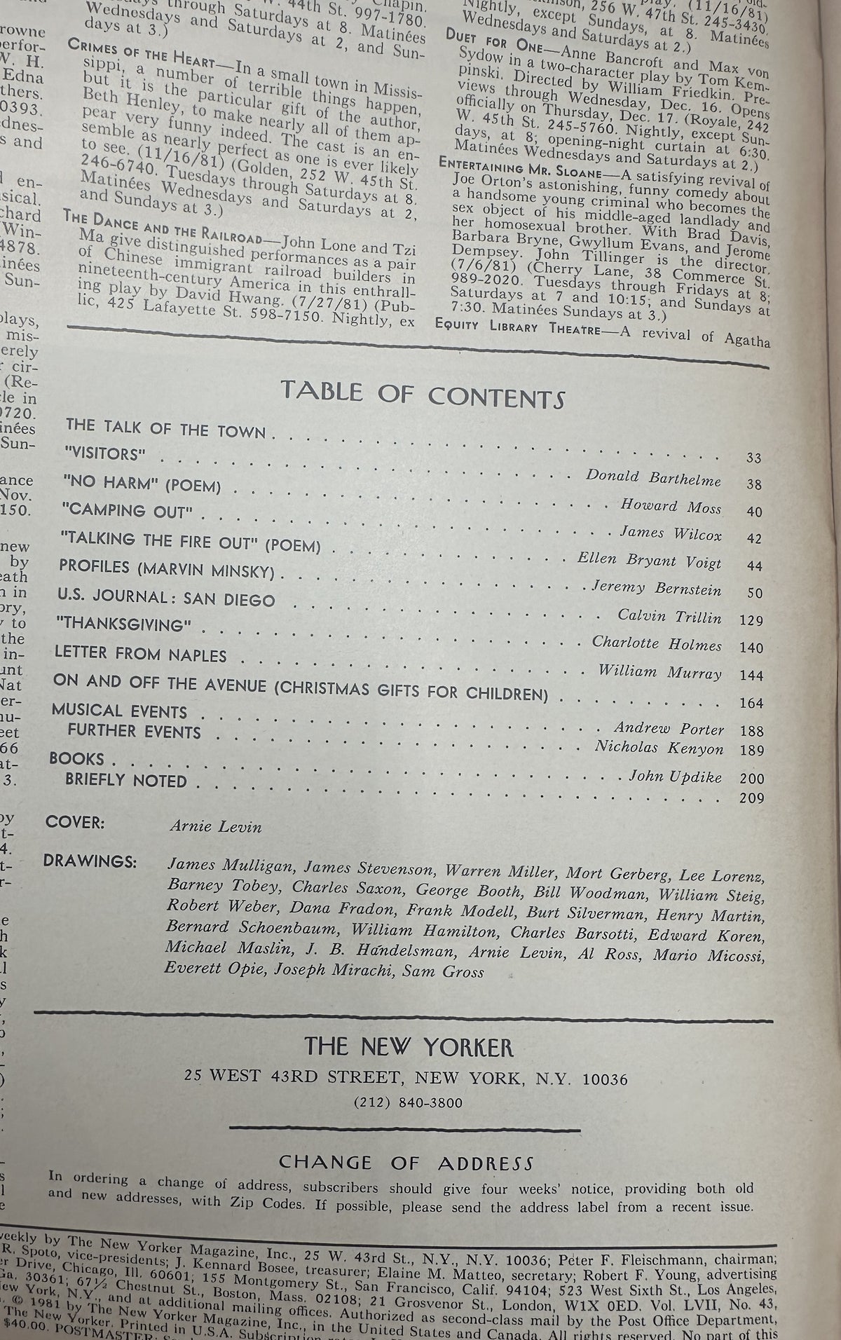 The New Yorker Magazine December 14, 1981 Tangled Christmas Lights Arnie Levin Cover VG, interior table of contents page listing articles, authors, page numbers, cover artist, and contributing cartoonists.