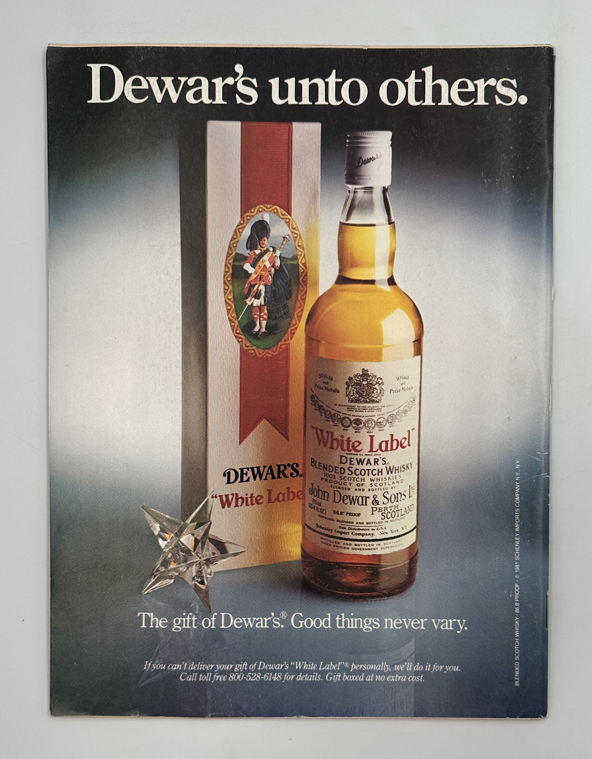 The New Yorker Magazine December 28, 1981 Santa Toy House William Steig Cover VG, vintage Dewar's White Label Scotch whisky advertisement showing a bottle, gift box, and the slogan 'Dewar's unto others.'