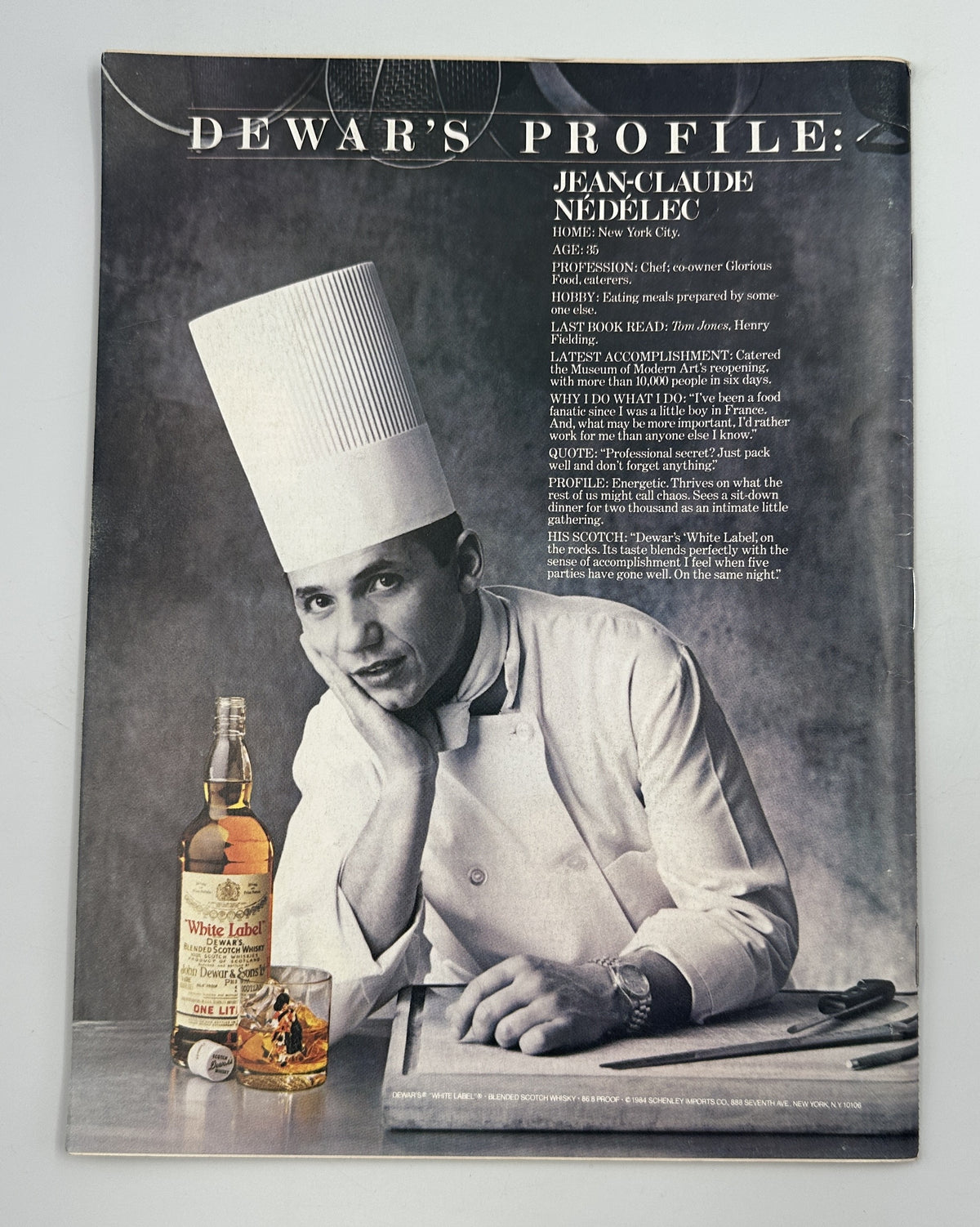 The New Yorker Magazine December 24, 1984 Christmas Toys Train Pierre Le-Tan Cover VG, vintage Dewar's Profile advertisement featuring chef Jean-Claude Nedellec with a whisky bottle.