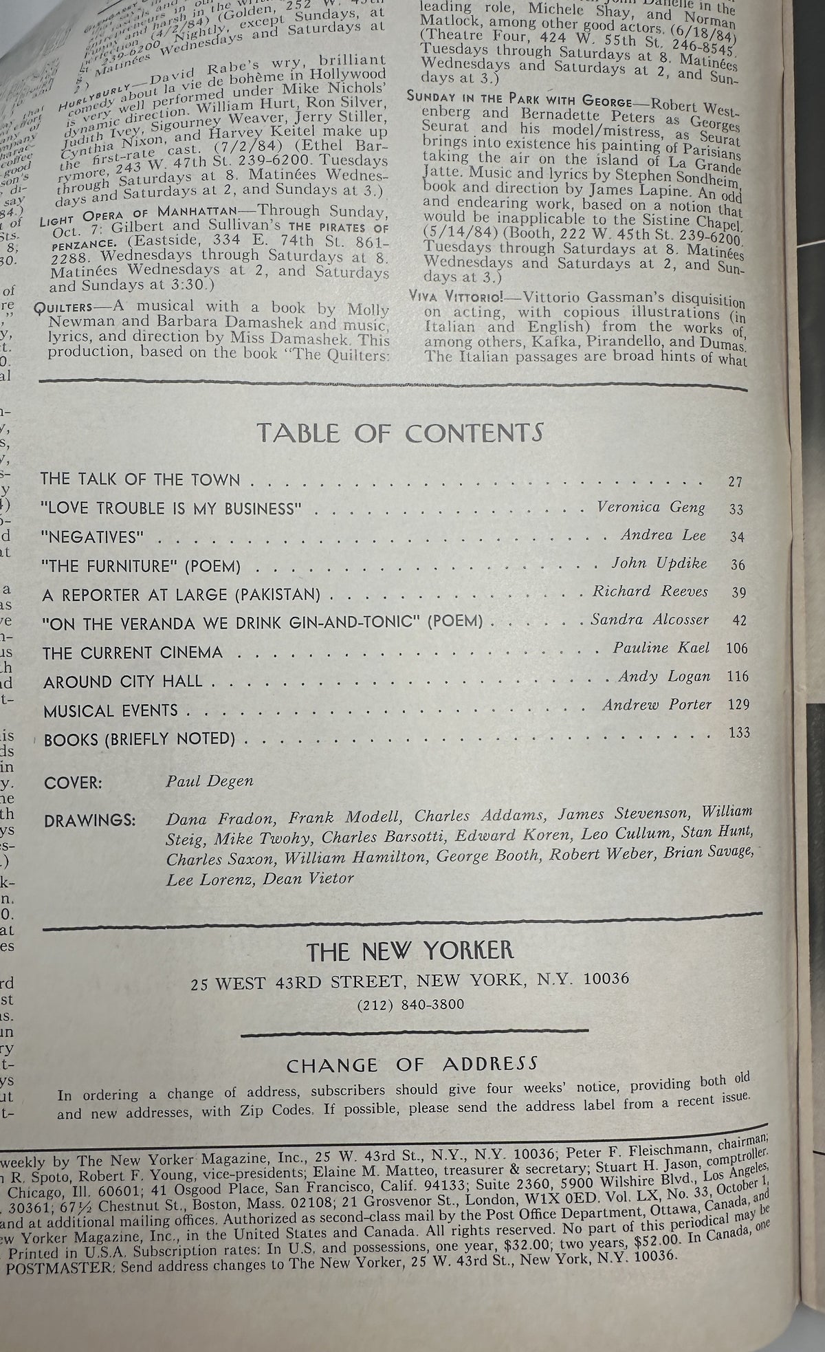The New Yorker Magazine October 1, 1984 Lakeside Bicycle Paul Degen Cover VG, interior table of contents page listing articles, poems, reviews, and contributors.