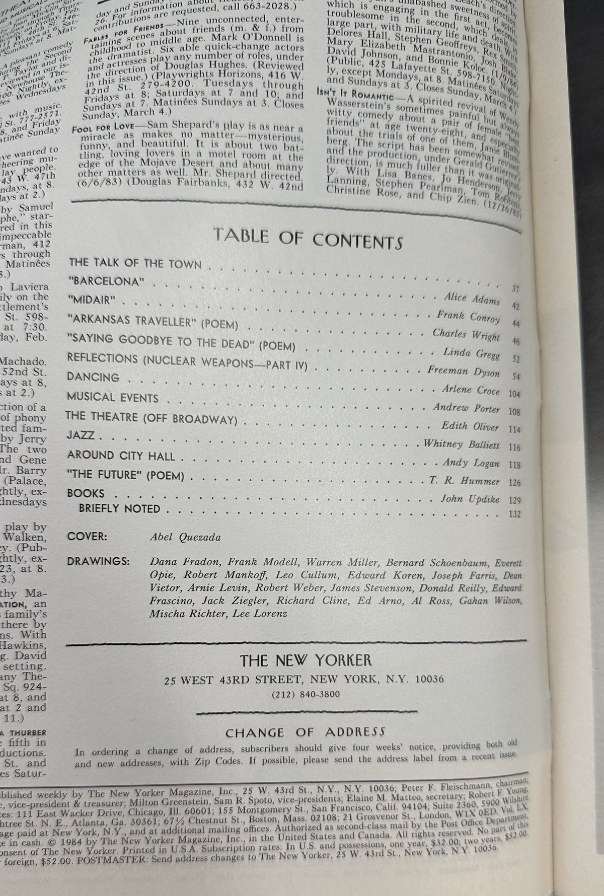 The New Yorker Magazine February 27, 1984 Ski Lift Abel Quezada Cover VG, open to the table of contents page with articles, poems, and contributor listings.