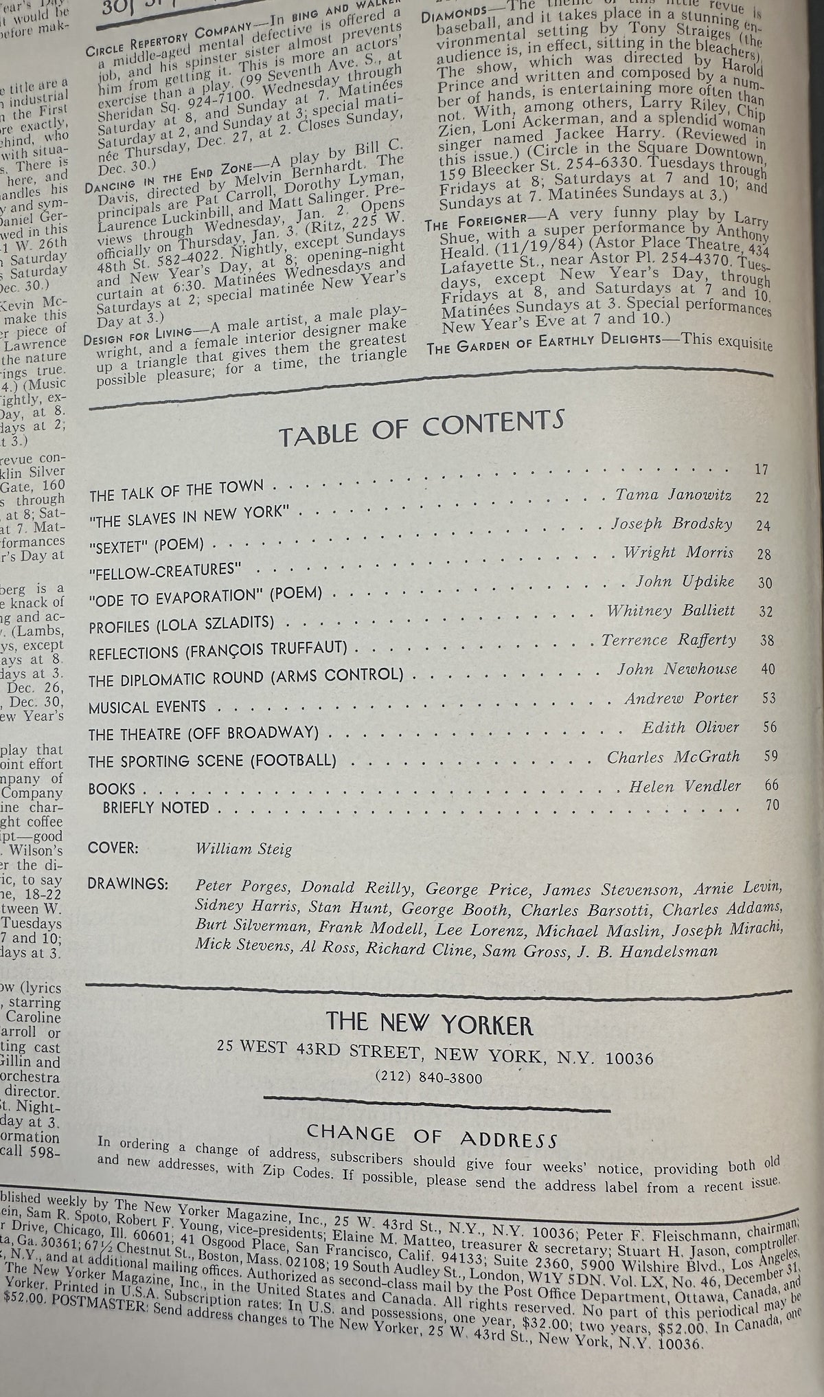 The New Yorker Magazine December 31, 1984 Party Hat Winter Sunset William Steig Cover VG, interior table of contents page listing articles, poems, profiles, reviews, and contributors.