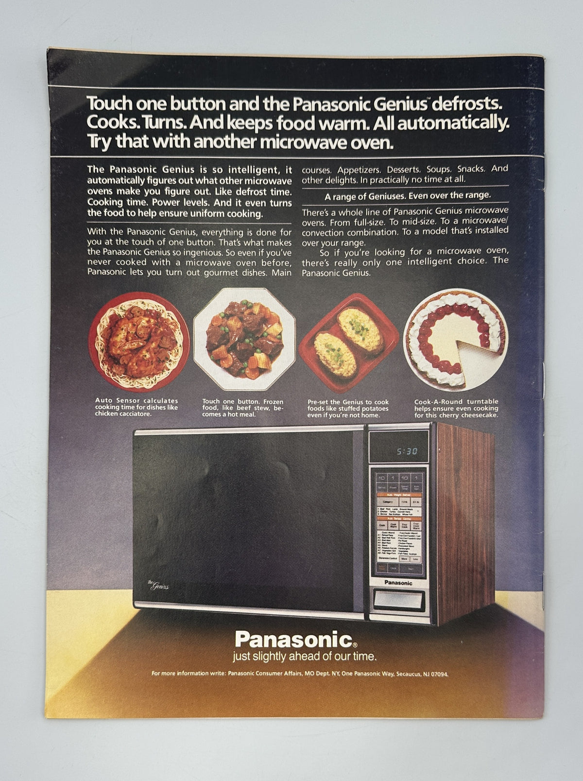 The New Yorker Magazine December 31, 1984 Party Hat Winter Sunset William Steig Cover VG, interior Panasonic microwave oven advertisement featuring prepared food and appliance photography.