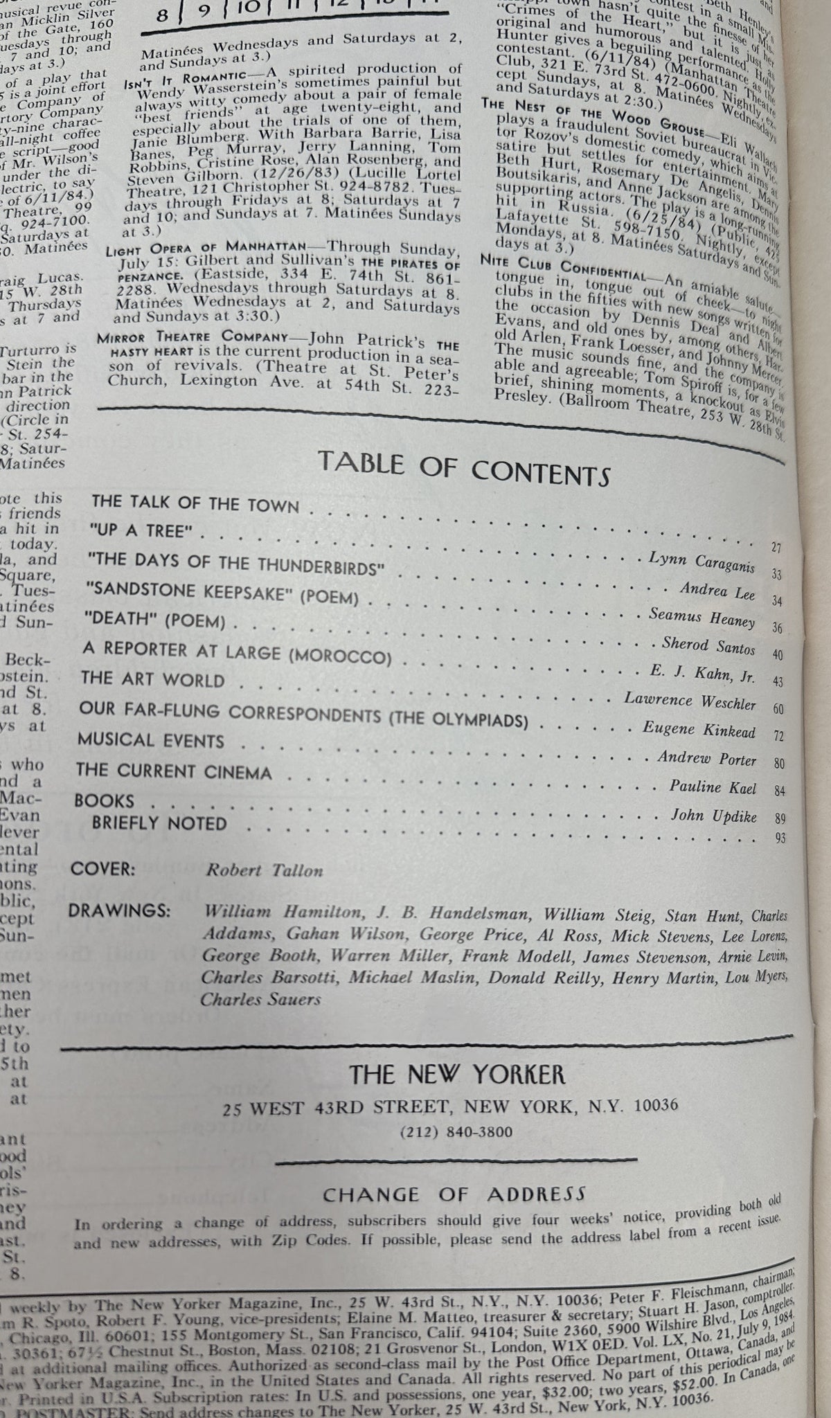 The New Yorker Magazine July 9, 1984 Beach Umbrellas Swimmers Robert Tallon Cover VG, opened to the table of contents page listing articles, poems, authors, and Robert Tallon cover credits.