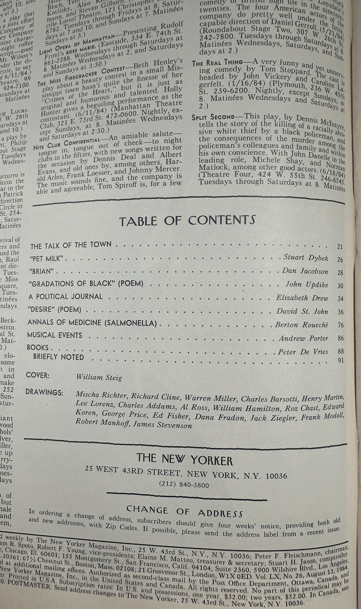The New Yorker Magazine August 13, 1984 Guitar Player Cows Field William Steig Cover VG, interior table of contents page listing articles, poems, and contributors.