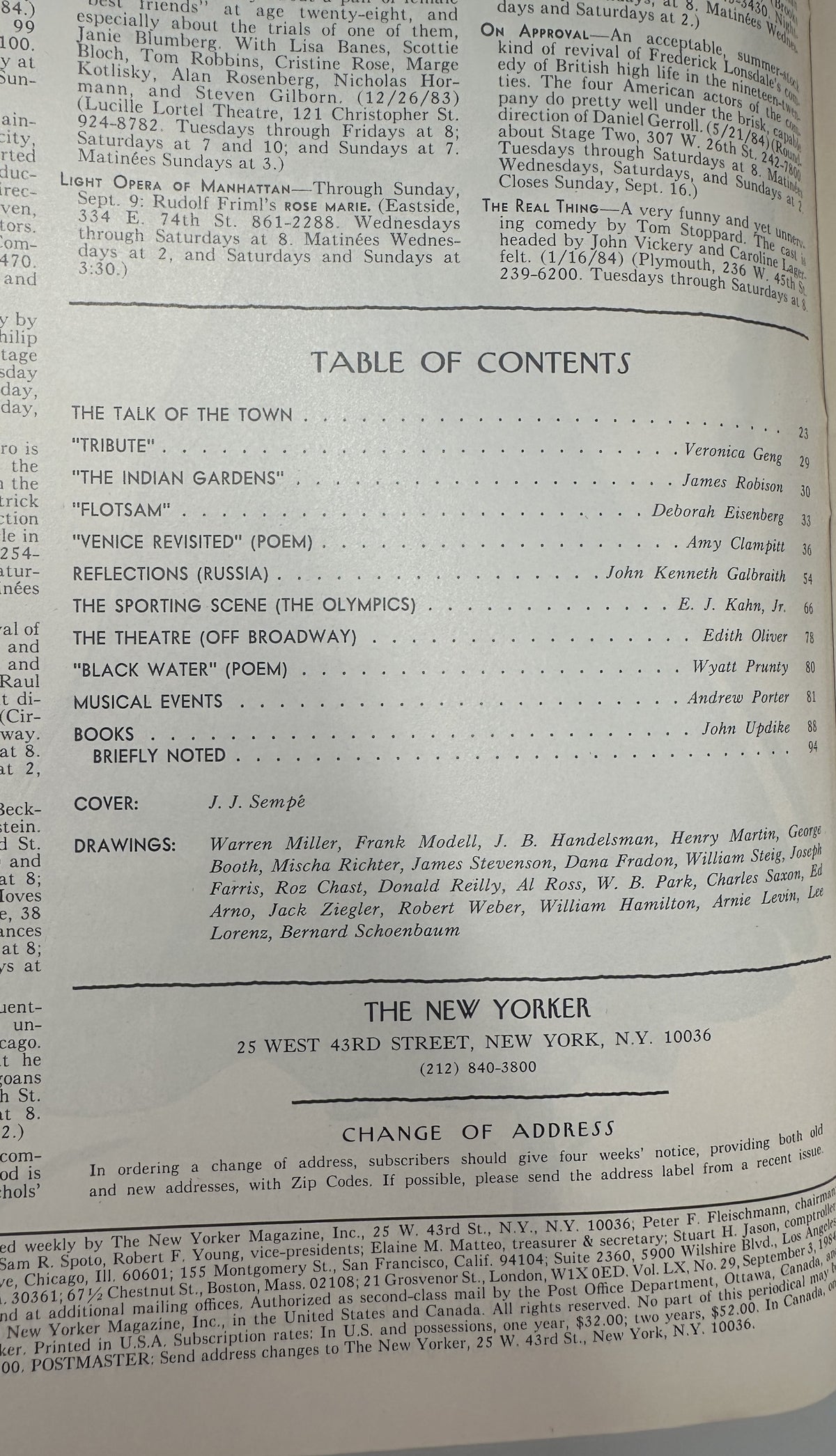 The New Yorker Magazine September 3, 1984 Airport Line Airplane J. J. Sempé Cover VG table of contents page showing featured articles, poems, reviews, and J. J. Sempé cover credit.
