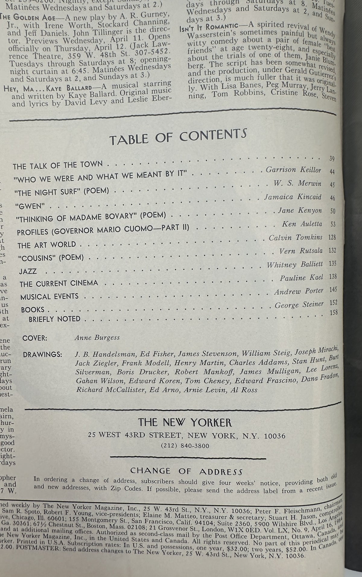 The New Yorker Magazine April 16, 1984 Rainy Street Anne Burgess Cover VG, showing the Table of Contents page with listings for articles, poems, profiles, art, jazz, cinema, books, and drawings.
