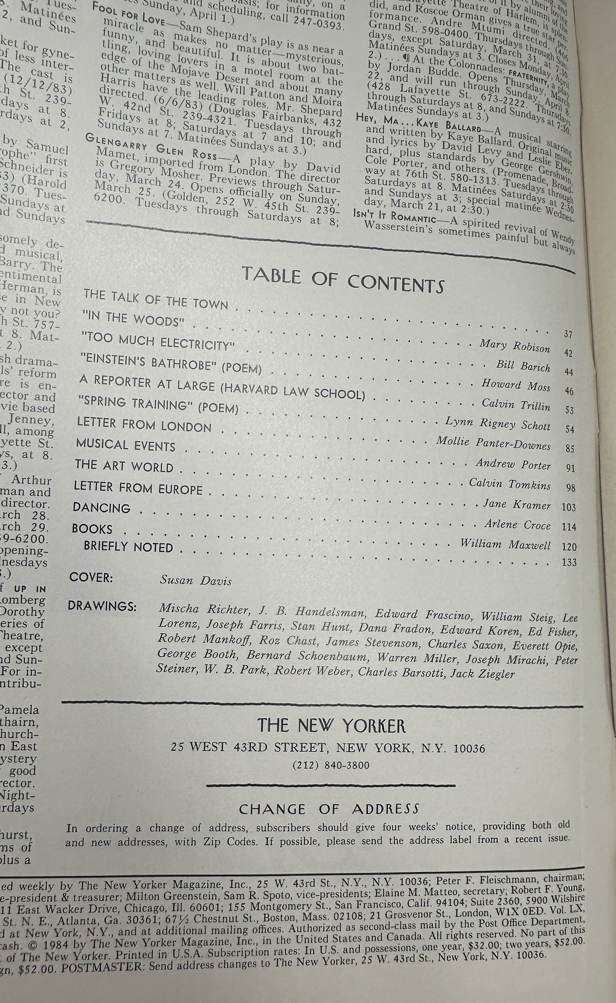 The New Yorker Magazine March 26, 1984 Pigeon Shadow Walk Susan Davis Cover VG, showing the printed table of contents and feature listings inside the magazine.