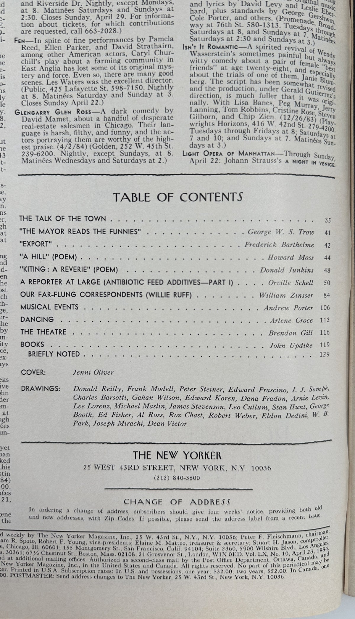 The New Yorker Magazine April 23, 1984 Easter Basket Spring Flowers Jenni Oliver Cover VG, showing the printed table of contents and contributor listings from the vintage issue.