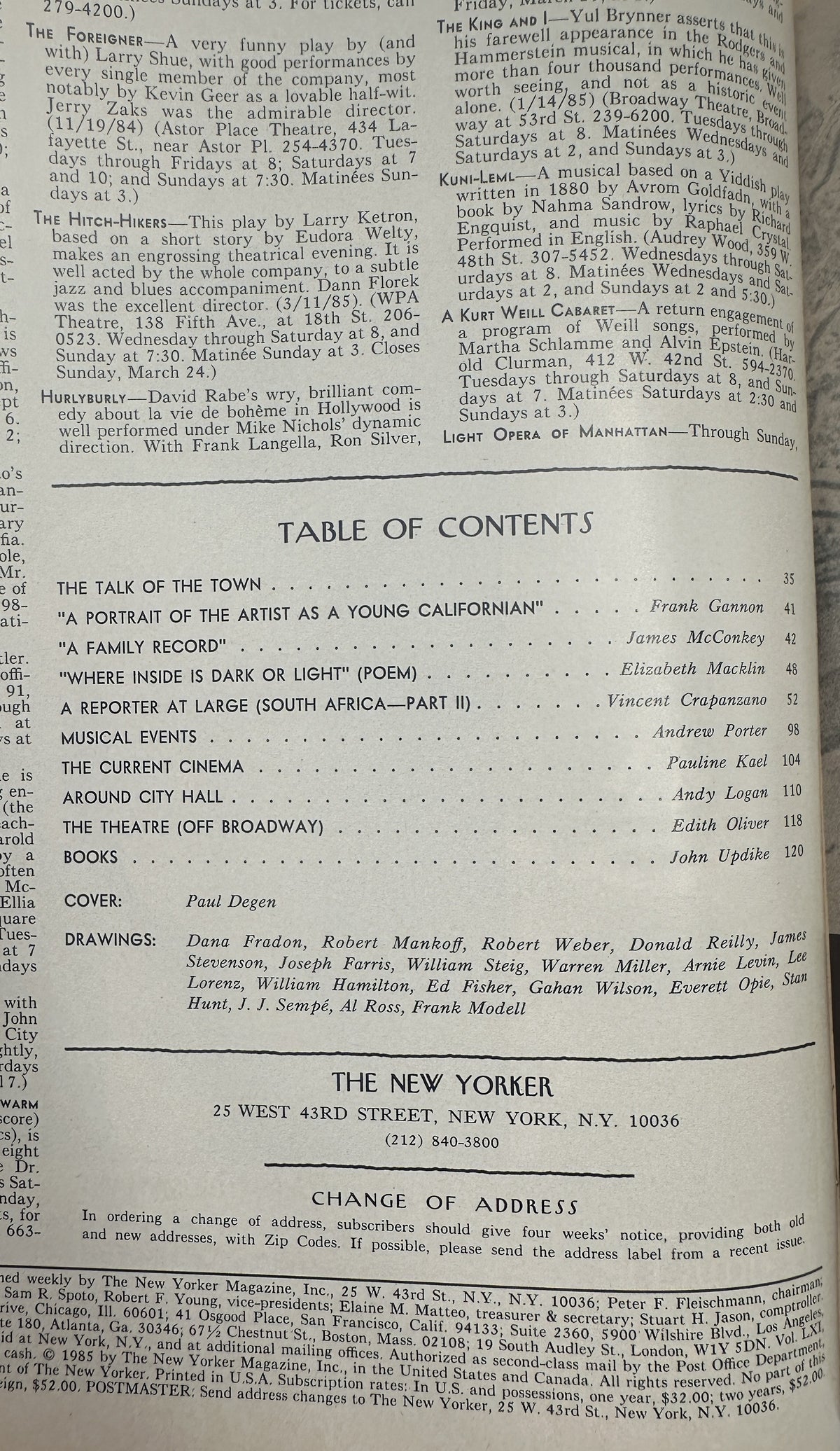 The New Yorker Magazine March 25, 1985 Dog Walker City Corner Paul Degen Cover VG, interior table of contents page listing articles, reviews, drawings, and contributors.