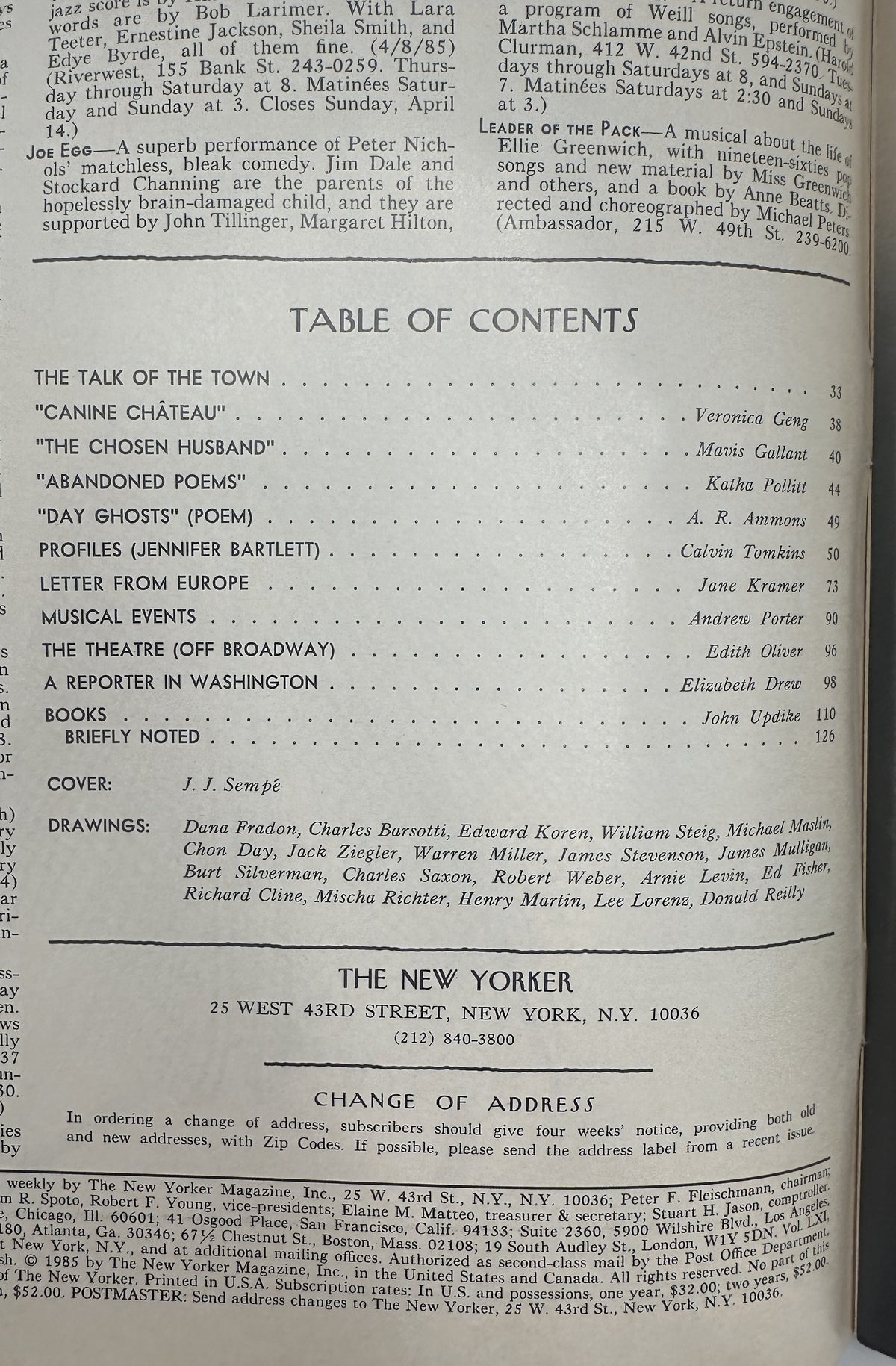 The New Yorker Magazine April 15, 1985 Chessboard Flowers Interior J. J. Sempé Cover VG, interior table of contents page listing magazine articles, contributors, cover artist J. J. Sempé, and featured drawings.