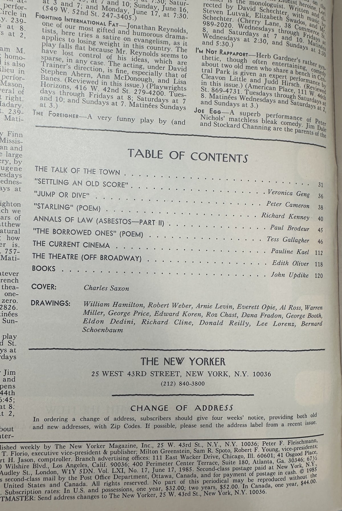 The New Yorker Magazine June 17, 1985 Red Townhouses Cyclists Charles Saxon Cover VG, opened to the table of contents page with articles, poems, and departments listed