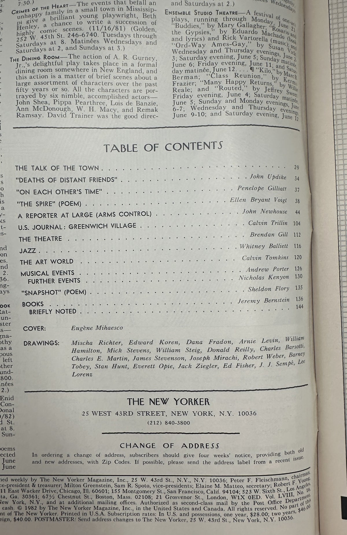 The New Yorker Magazine June 7, 1982 Sunlit Alley Bicycle Cart Eugène Mihaesco Cover, showing the magazine table of contents with articles, poems, reviews, and contributor listings.