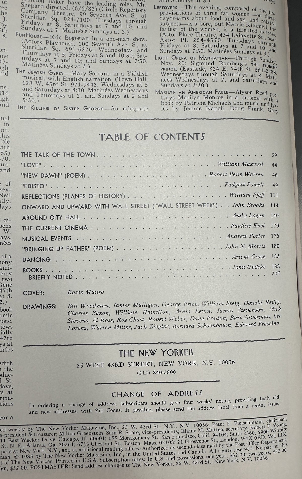 The New Yorker Magazine November 14, 1983 Bridge Traffic Roxie Munro Cover interior table of contents page featuring articles, poems, reviews, and contributor listings