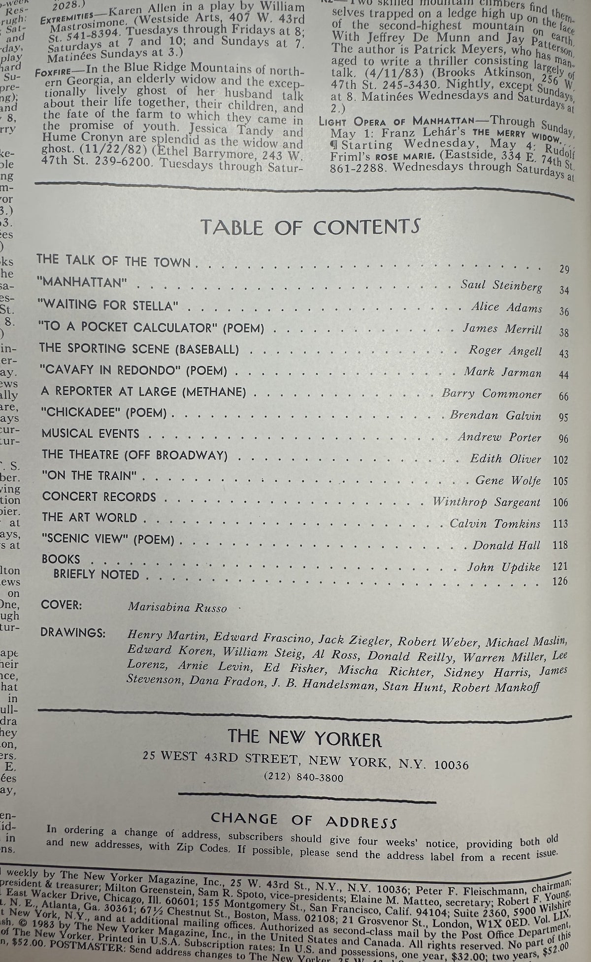 The New Yorker Magazine May 2, 1983 Sailboat Park Marisabina Russo Cover table of contents page listing articles, poems, reviews, and contributors
