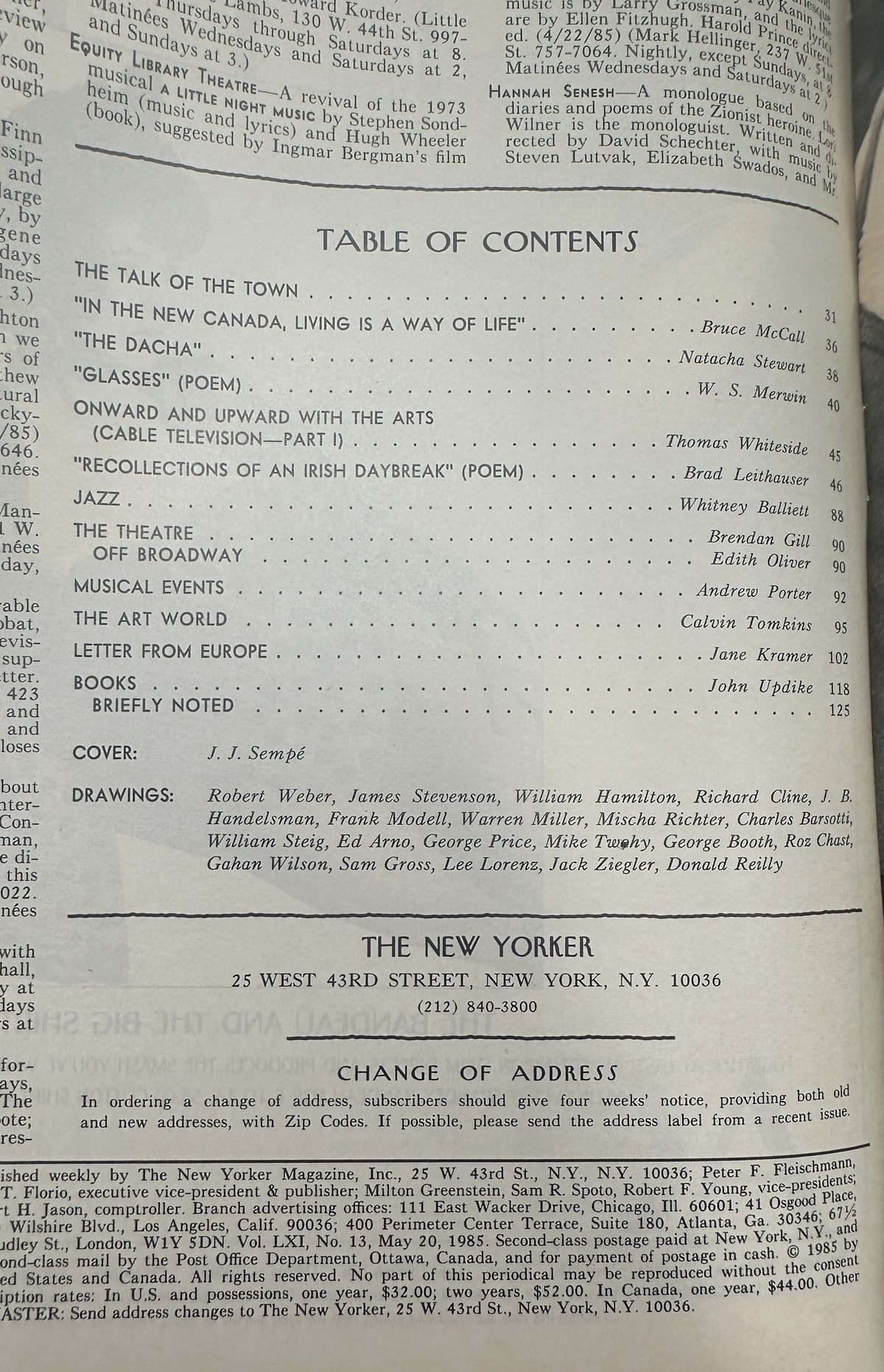 The New Yorker Magazine May 20, 1985 Outdoor Painting Garden J. J. Sempé Cover table of contents page with listed articles, poems, reviews, and contributors.