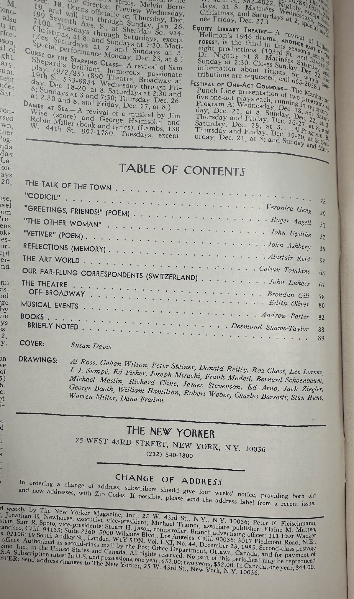 The New Yorker Magazine December 23, 1985 Snowy Christmas House Susan Davis Cover, showing the issue's table of contents and listed articles.