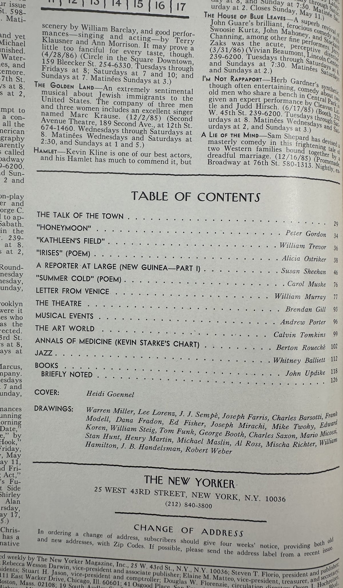The New Yorker Magazine May 12, 1986 Aquarium Girl Heidi Goennel Cover VG, interior table of contents page listing articles, poems, reviews, and cover artist Heidi Goennel.