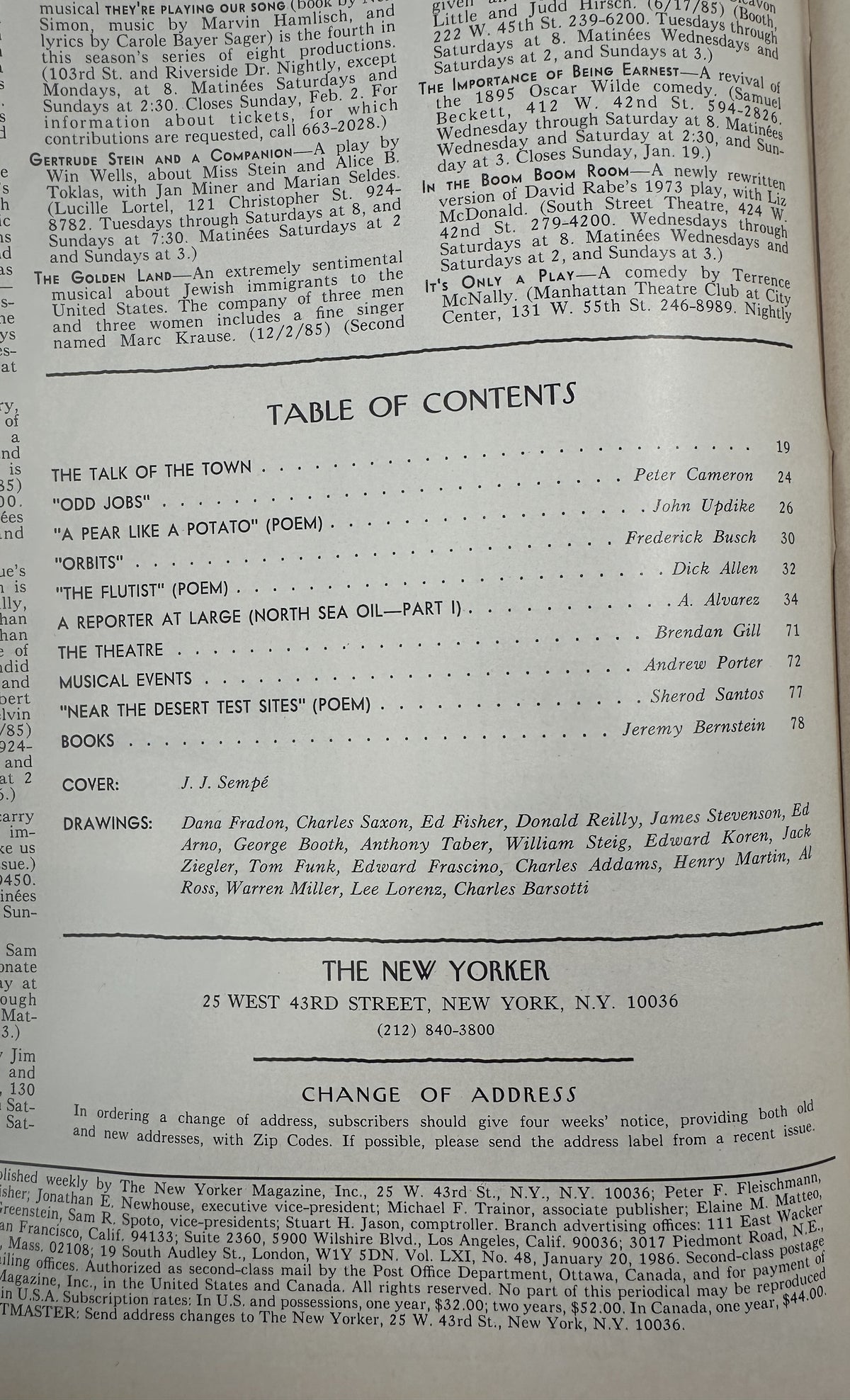The New Yorker Magazine January 20, 1986 Jazz Club Interior J. J. Sempé Cover VG, interior table of contents page listing articles, poems, theatre, musical events, books, cover artist J. J. Sempé, and contributing cartoonists.