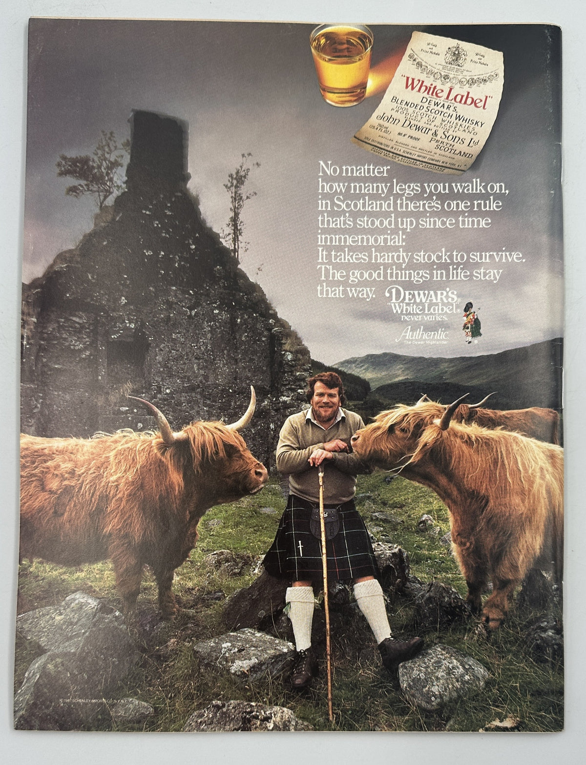 The New Yorker Magazine September 7, 1987 Fishing Canoes Lake J. J. Sempé Cover VG, interior full-page White Label Dewar's whisky advertisement featuring a Scottish man and Highland cattle.