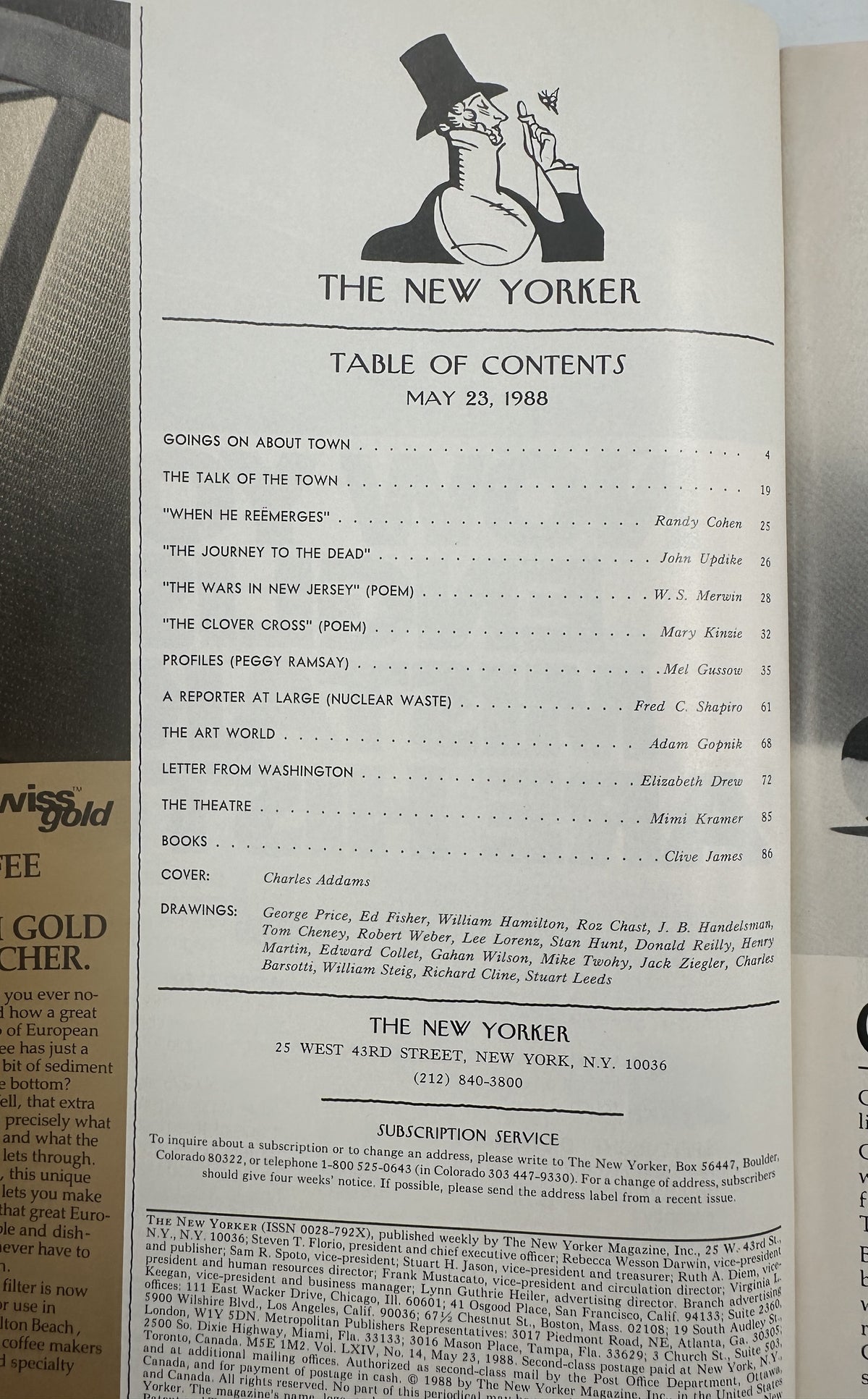 The New Yorker Magazine May 23, 1988 Golf Pond Charles Addams Cover VG, table of contents page with the iconic New Yorker mascot illustration.
