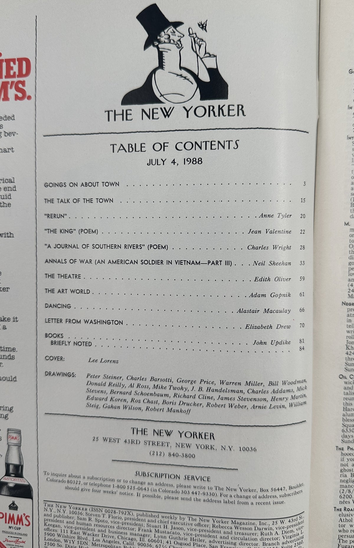 The New Yorker Magazine July 4, 1988 Uncle Sam BBQ Lee Lorenz Cover VG, showing the July 4, 1988 table of contents page with listings for articles, poems, theater, art, books, and other features.