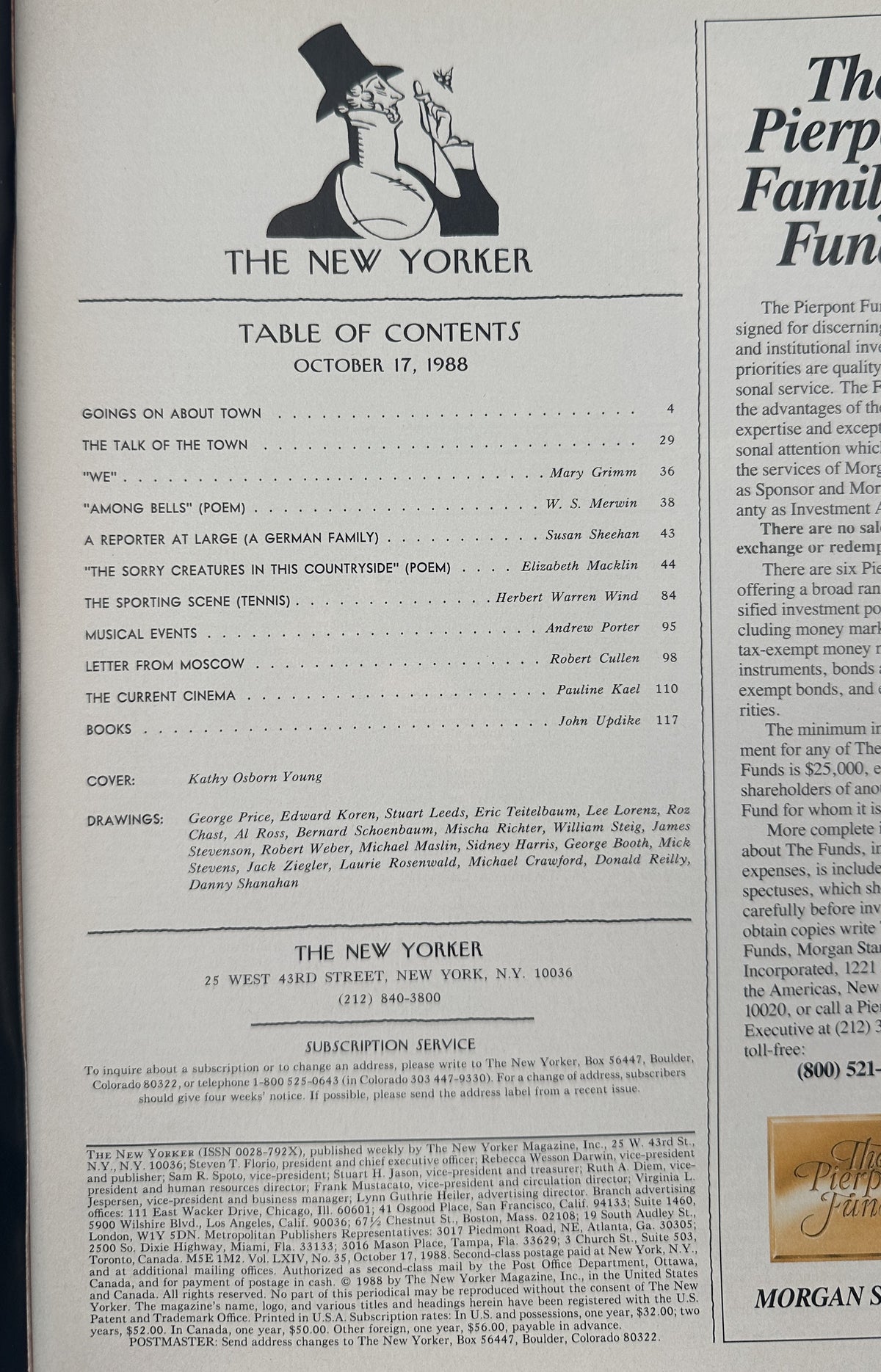 The New Yorker Magazine October 17, 1988 Spring St Subway Bench Kathy Osborn Young VG table of contents page showing featured articles, poems, reviews, and contributor listings.