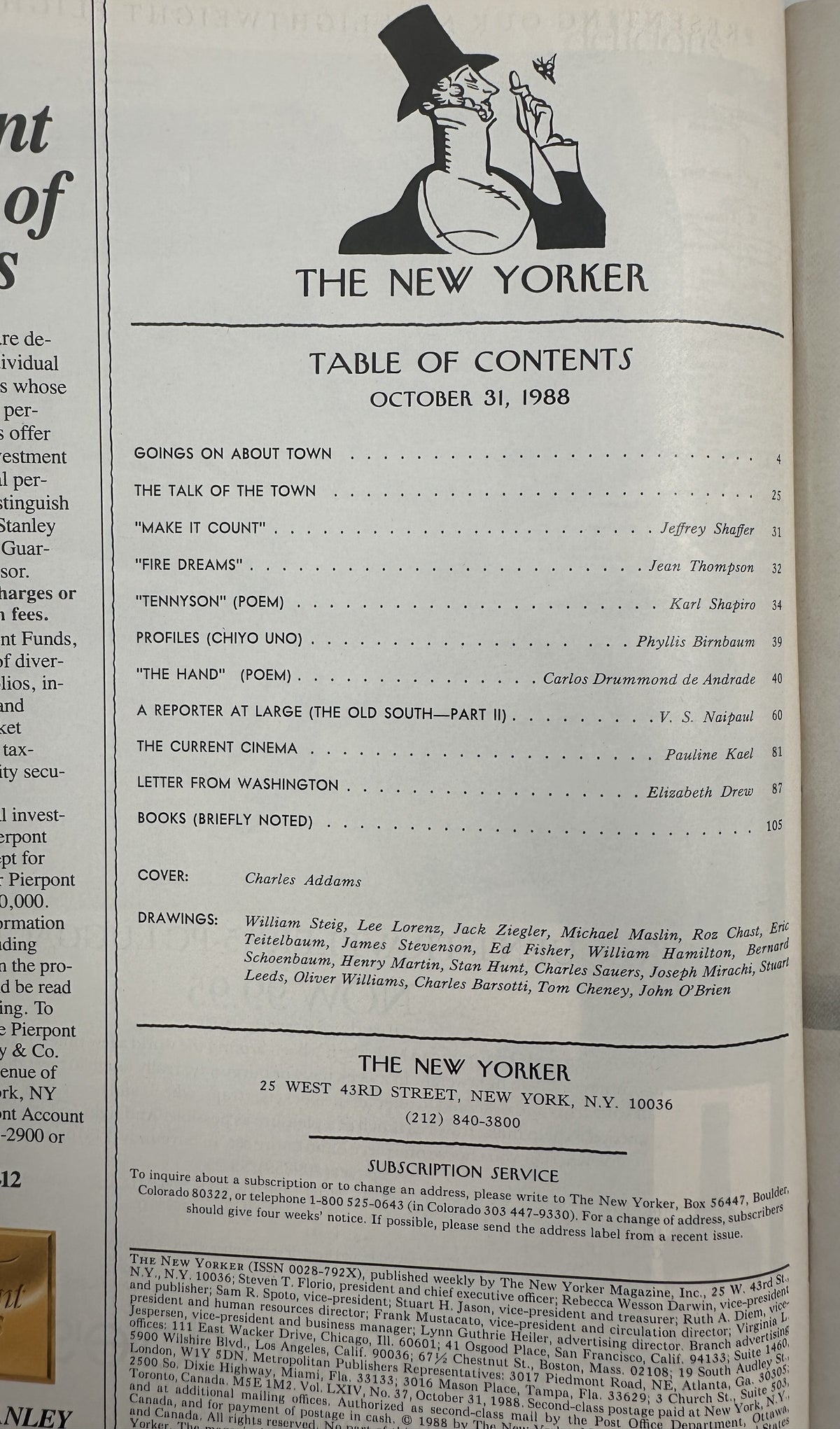 The New Yorker Magazine October 31, 1988 Tower Window Watcher Charles Addams VG table of contents page showing the issue's featured articles, poems, profiles, and contributors