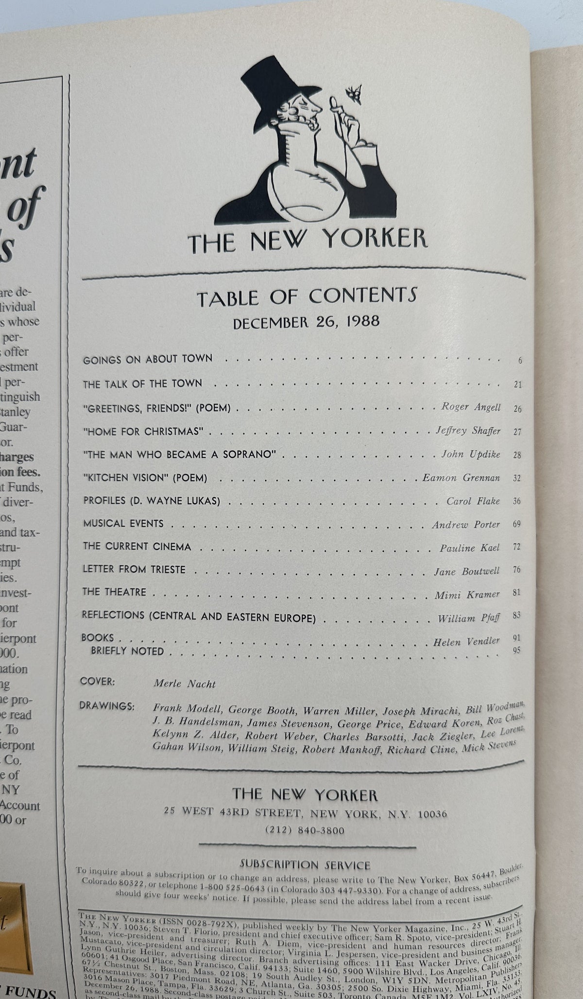 The New Yorker Magazine December 26, 1988 Dark Armchair Telephone Merle Nacht Cover VG, showing the table of contents page.