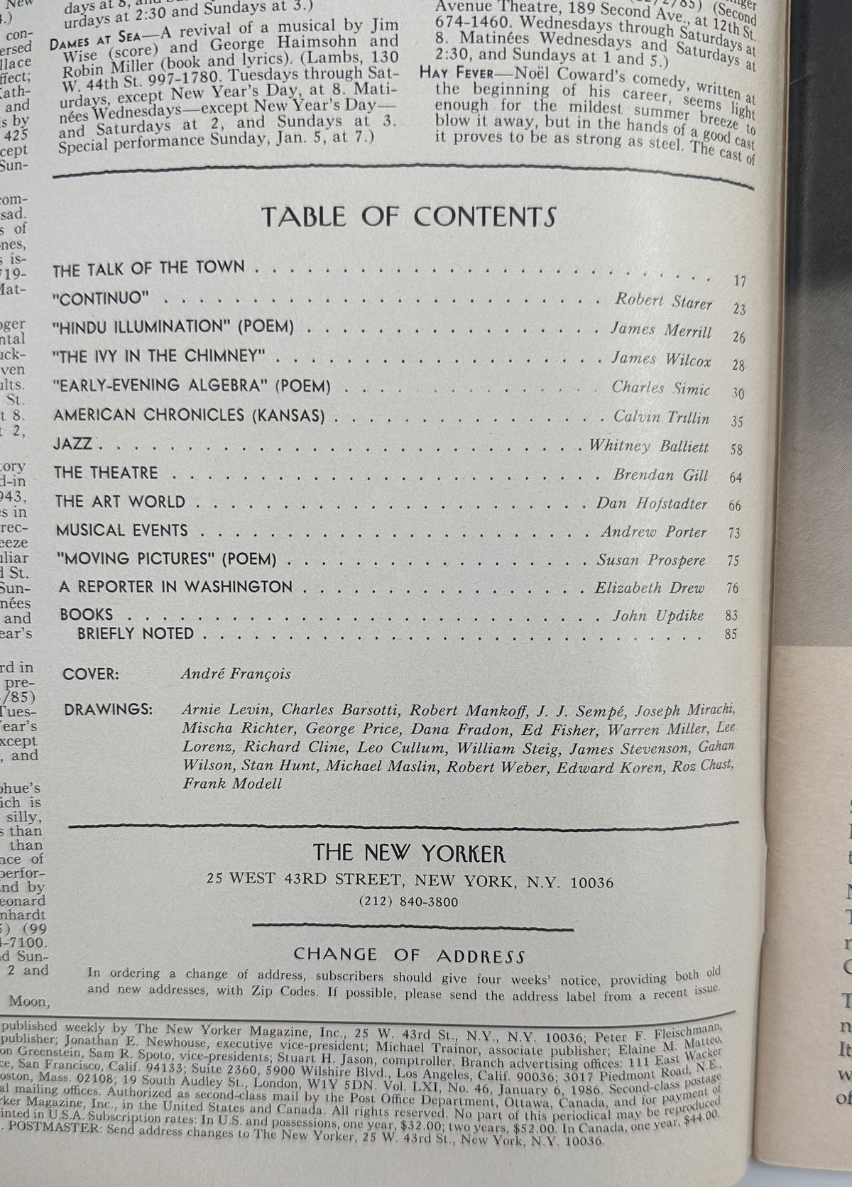 The New Yorker Magazine January 6, 1986 Coffee Pot Milk Pitcher André François Cover VG, interior table of contents page listing articles, poems, columns, contributors, cover artist, and cartoon drawings.