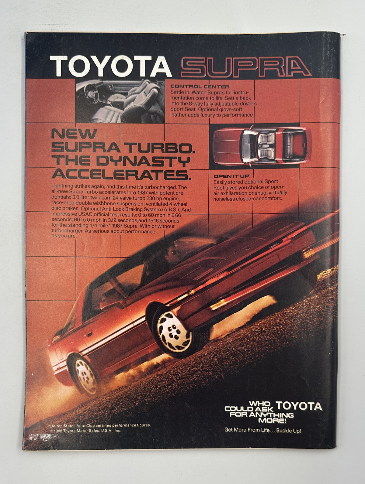 The New Yorker Magazine October 27, 1986 Purple Airport Tower Night Eugène Mihaesco VG, opened to a vintage Toyota Supra advertisement featuring the Supra Turbo sports car and performance specifications.
