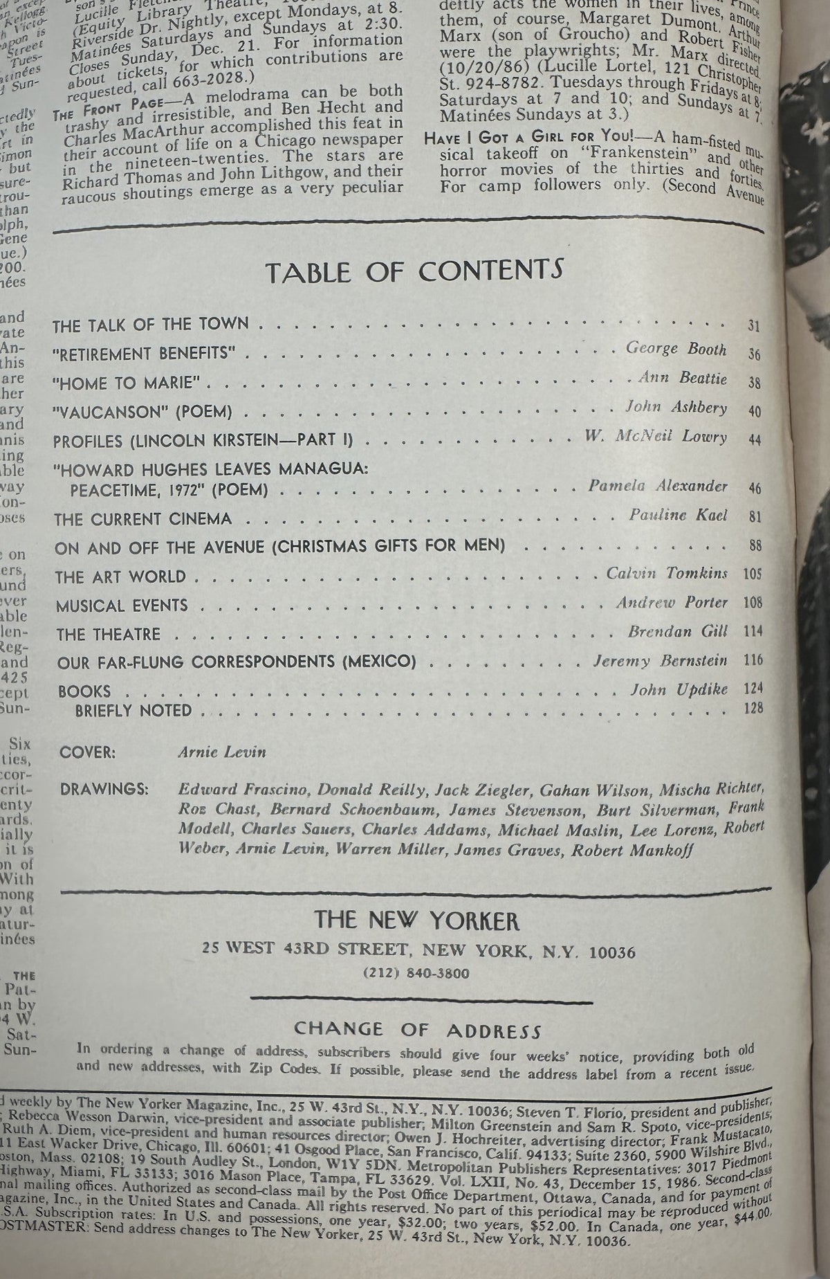 The New Yorker Magazine December 15, 1986 Christmas Cookie Baker Arnie Levin Cover VG, interior table of contents page listing articles, poems, reviews, and cover and drawing credits.