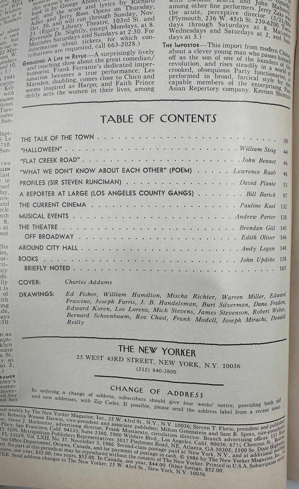 The New Yorker Magazine November 3, 1986 Witch Cat Cauldron Charles Addams Cover VG, showing the printed table of contents and cover credit for Charles Addams.