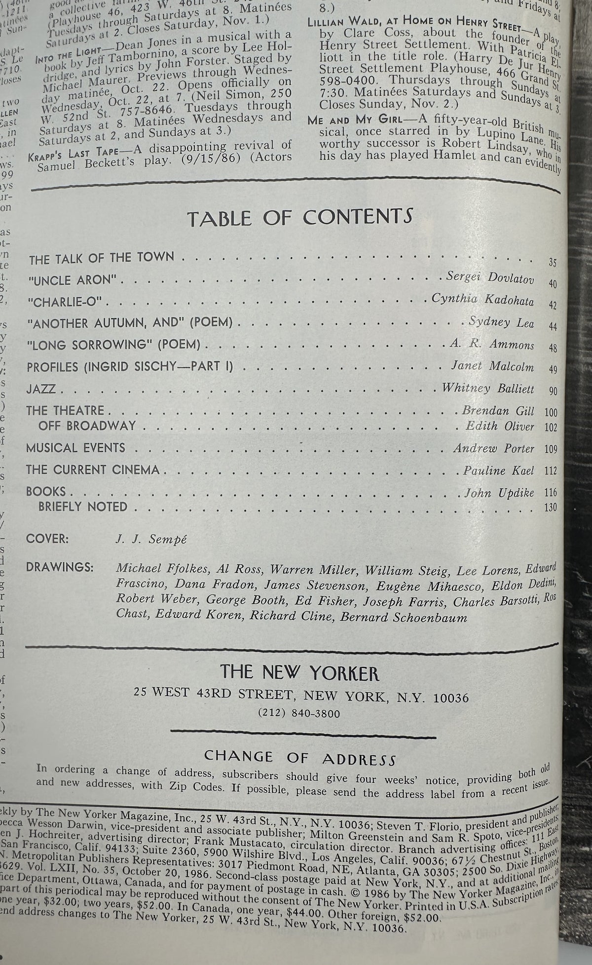 The New Yorker Magazine October 20, 1986 Orchestra Hall J J Sempé Cover VG, interior table of contents page listing articles, poetry, profiles, jazz, theater, cinema, books, cover artist, and drawings.