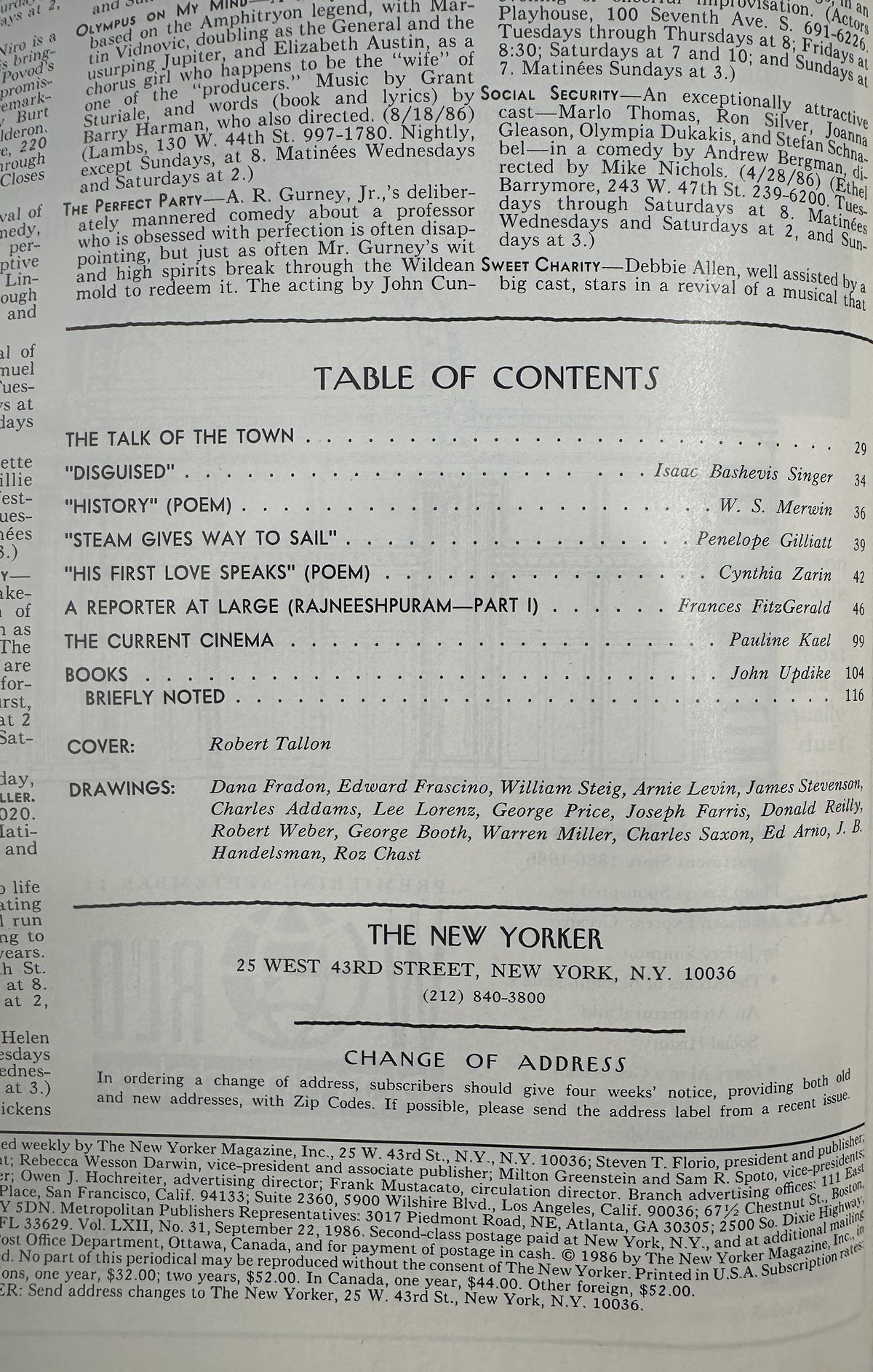 The New Yorker Magazine September 22, 1986 Hooded Candle Trio Robert Tallon Cover VG, table of contents page listing articles, poems, drawings, cover artist, and address change notice.