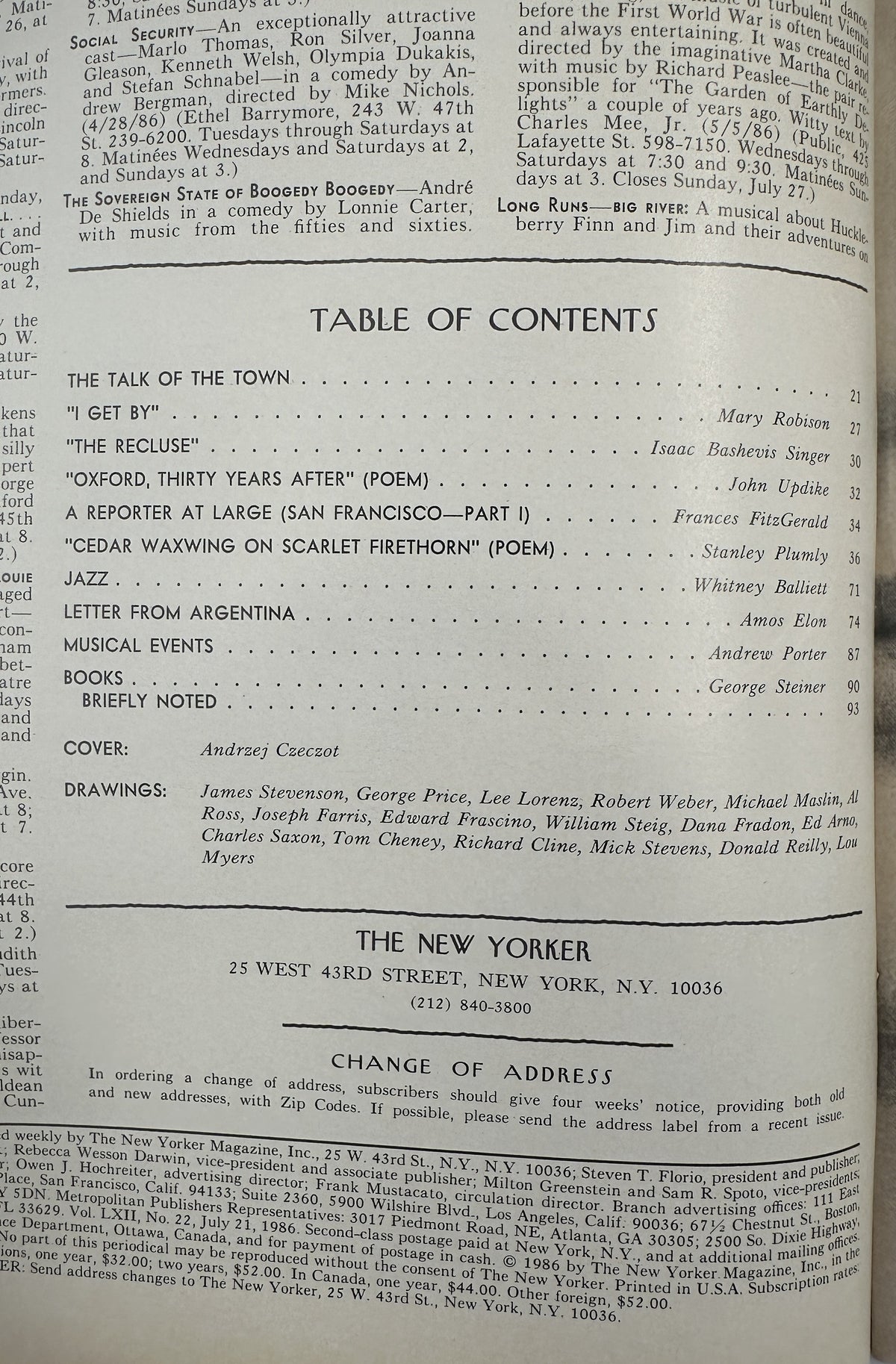 The New Yorker Magazine July 21, 1986 Summer Beach Crowd Andrzej Czeczot Cover VG, table of contents page listing articles, poems, reviews, cover artist Andrzej Czeczot, and contributing cartoonists.
