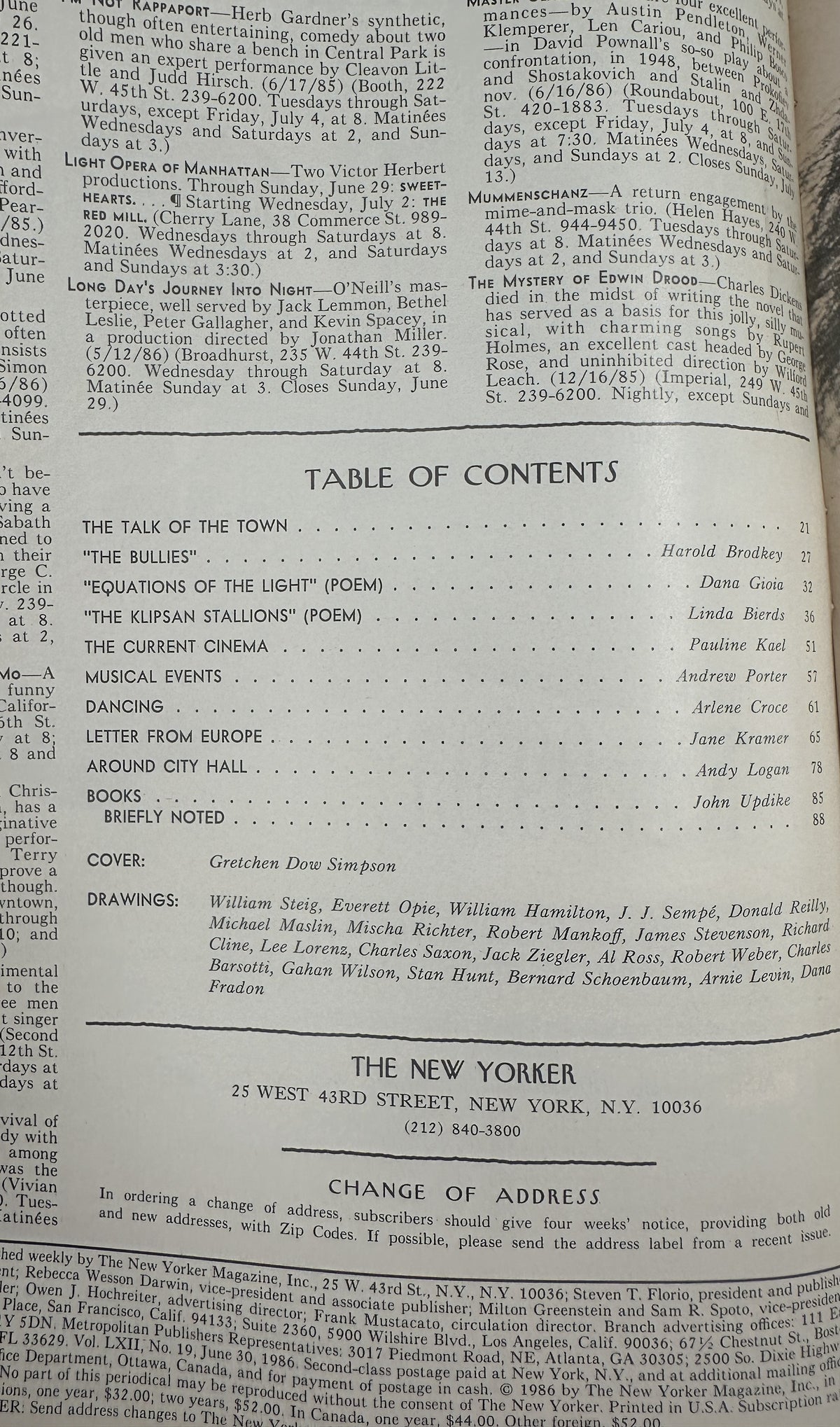 The New Yorker Magazine June 30, 1986 Covered Walkway Gretchen Dow Simpson Cover VG, interior table of contents page with articles, poems, reviews, and contributor names