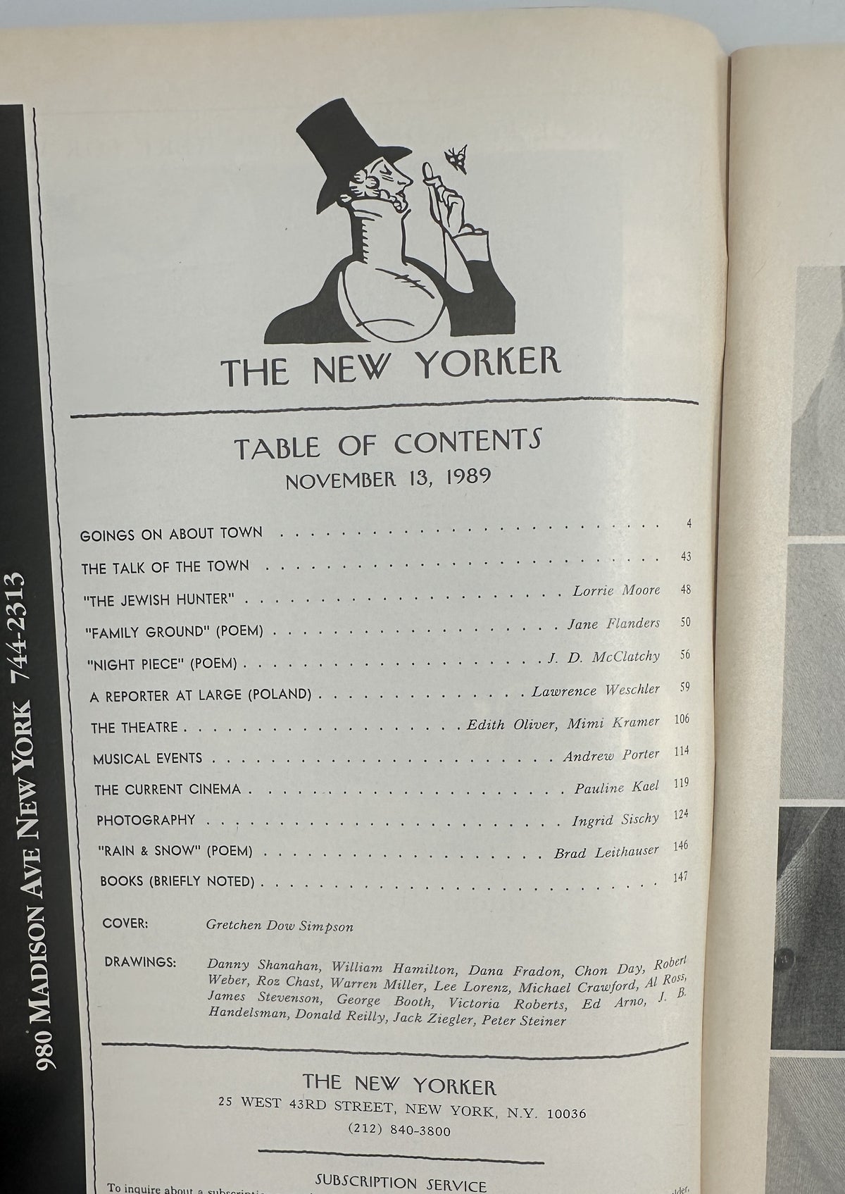 The New Yorker Magazine November 13, 1989 Coastal House Balcony Gretchen Dow Simpson VG, interior table of contents page for the November 13, 1989 issue.