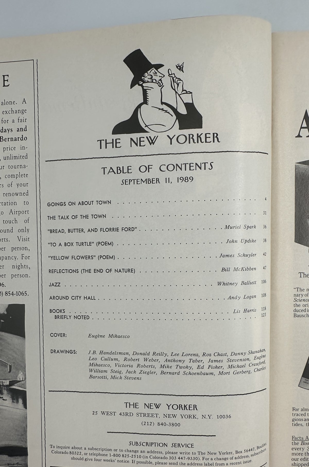 The New Yorker Magazine September 11, 1989 Cat Fishbowl Eugène Mihaesco Cover VG, opened to the September 11, 1989 table of contents page.