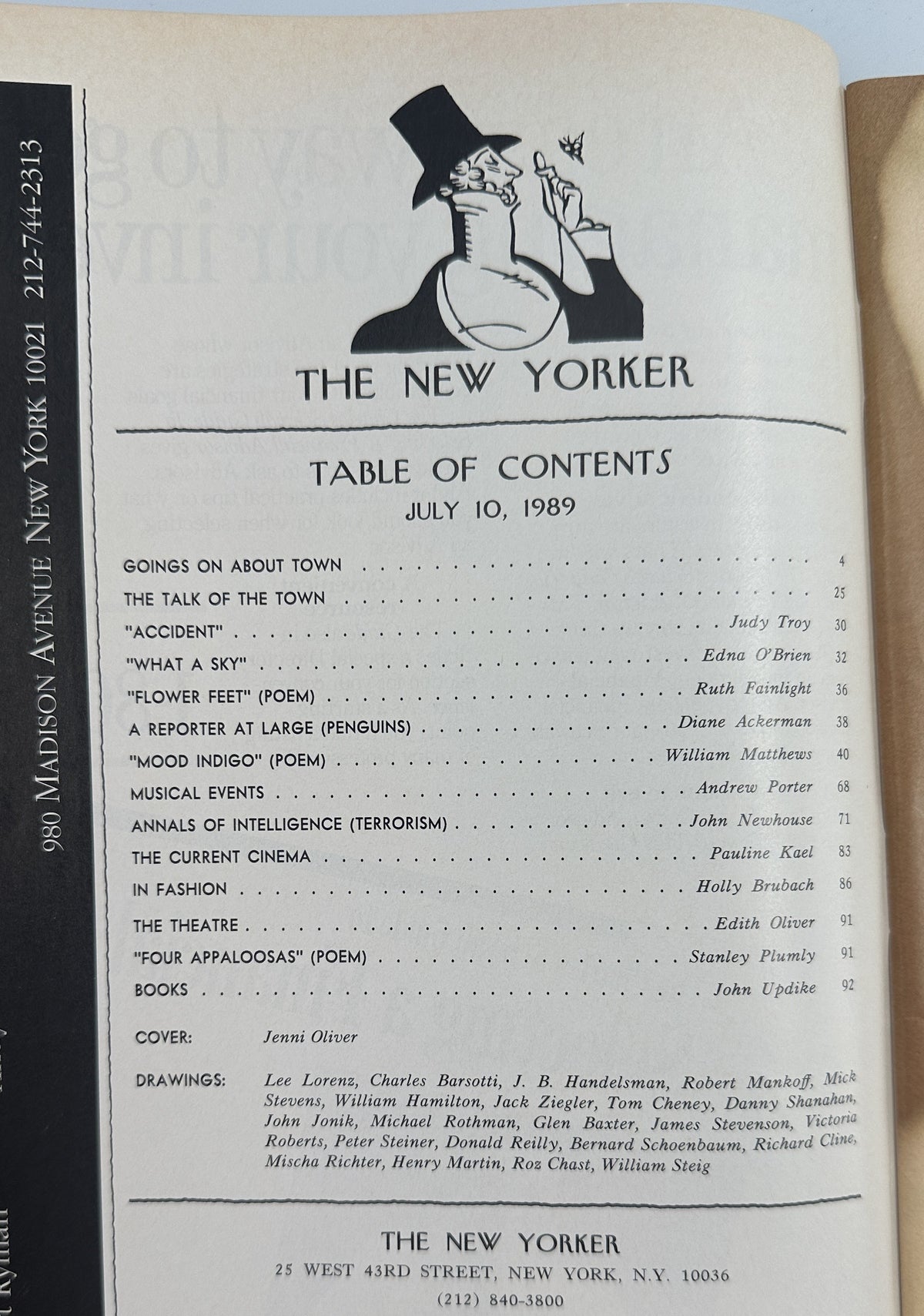 The New Yorker Magazine July 10, 1989 Garden Shed Flower Jenni Oliver Cover VG, interior table of contents page listing articles, poems, reviews, drawings, and cover artist Jenni Oliver.