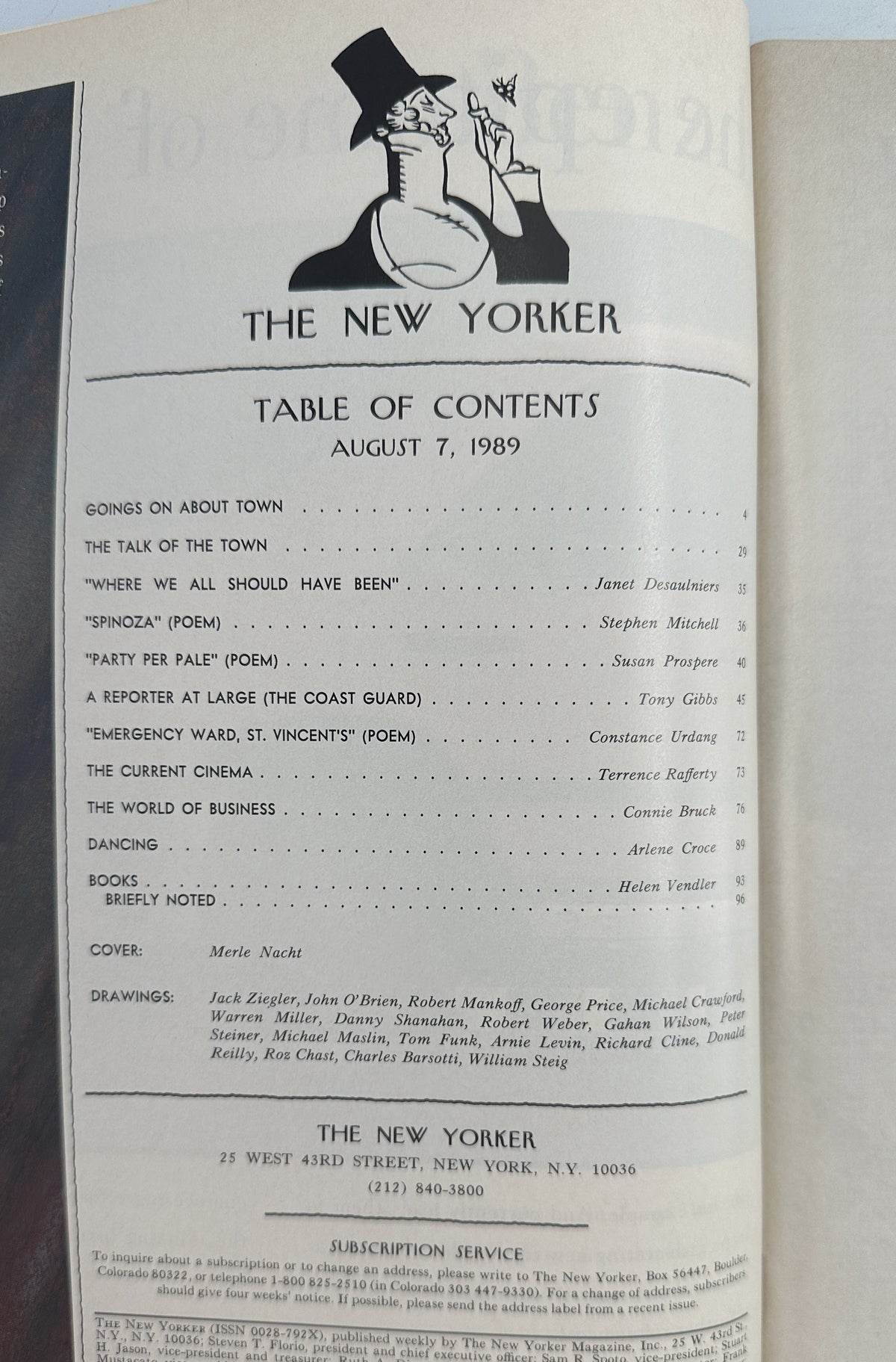 The New Yorker Magazine August 7, 1989 Swimmer Pool Water Merle Nacht Cover VG, interior table of contents page listing issue articles, poems, reviews, and contributors.
