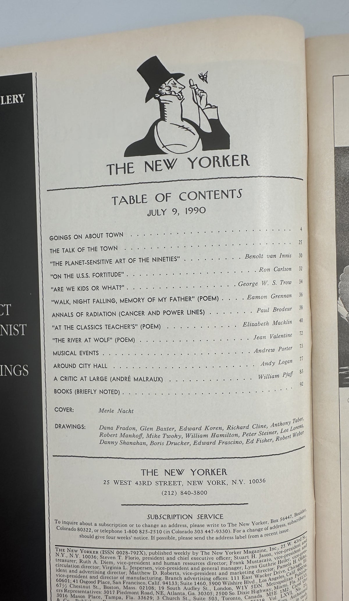 The New Yorker Magazine July 9, 1990 Sunglasses Shop Merle Nacht Cover VG, interior table of contents page for the July 9, 1990 issue.