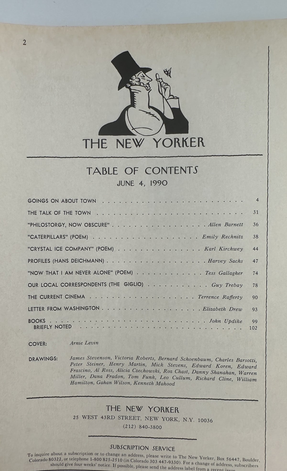 The New Yorker Magazine June 4, 1990 Cannon Graduation Arnie Levin Cover VG table of contents page featuring listed articles, poems, profiles, cinema reviews, and drawings.