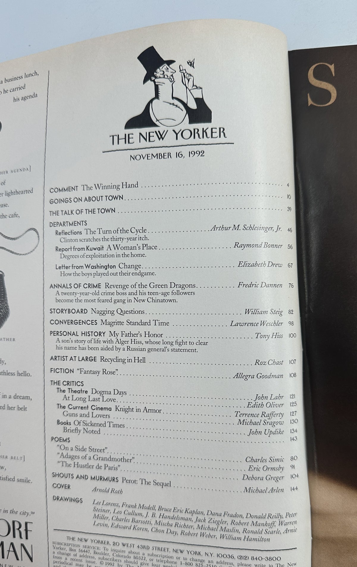The New Yorker Magazine November 16, 1992 Rainy City Crowd Taxi Arnold Roth Cover VG, interior table of contents page listing articles, fiction, poetry, criticism, and departments.
