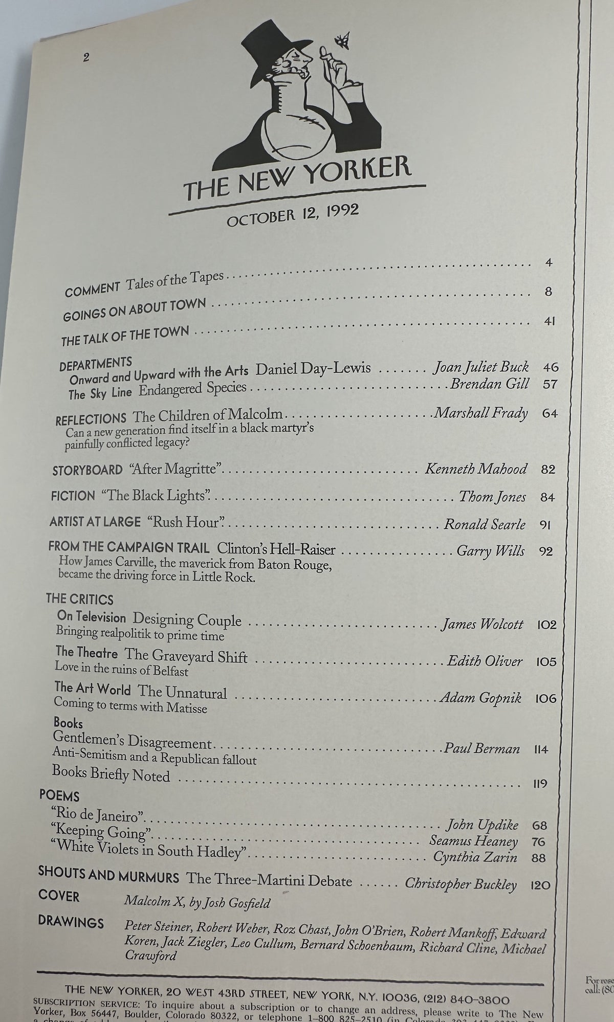 The New Yorker Magazine October 12, 1992 Malcolm X Josh Gosfield Cover VG, showing the table of contents page with articles, fiction, poetry, and reviews.
