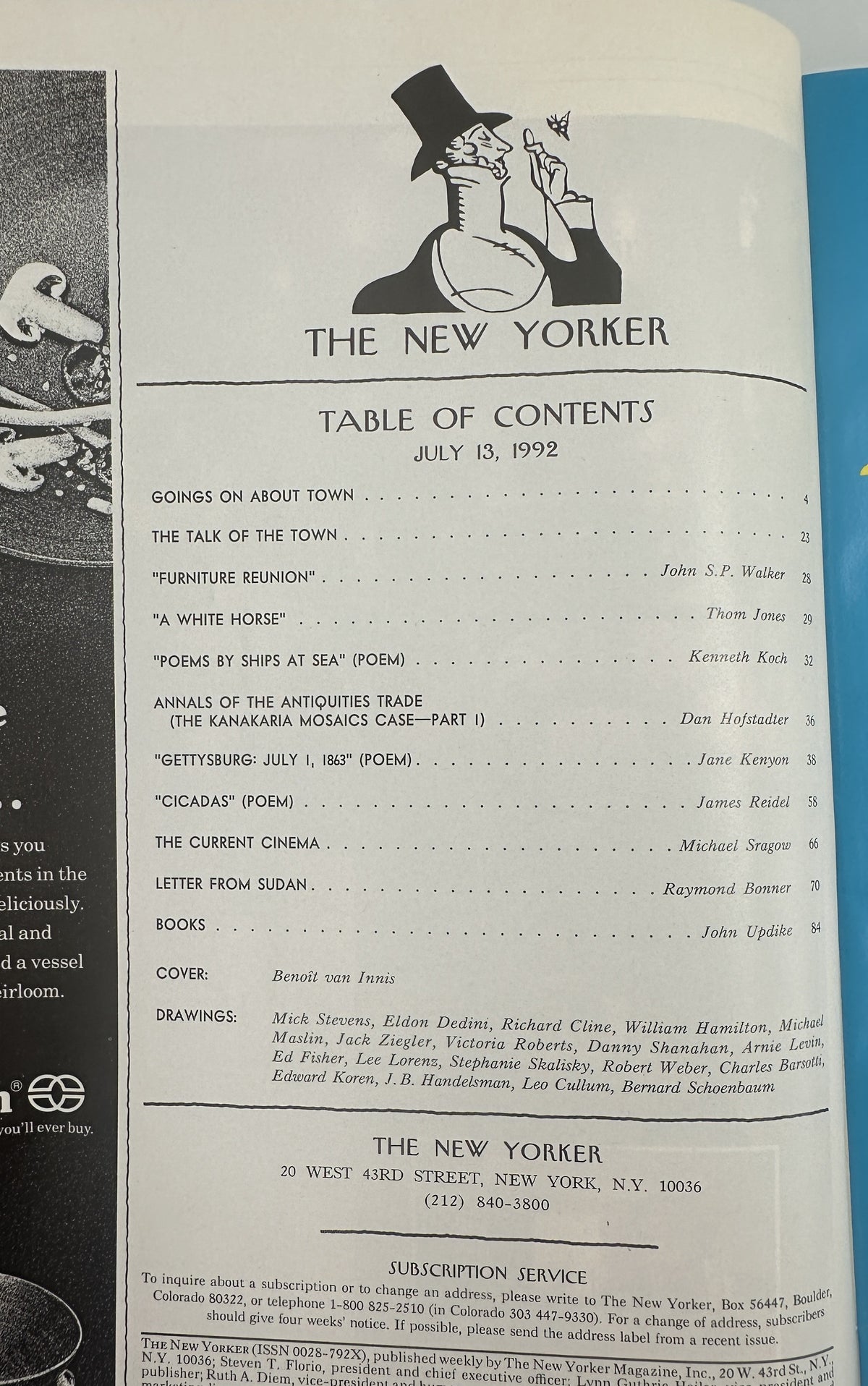 The New Yorker Magazine July 13, 1992 Beach Family Sandcastles Benoît van Innis Cover VG, table of contents page featuring articles, poems, books, and cover credits