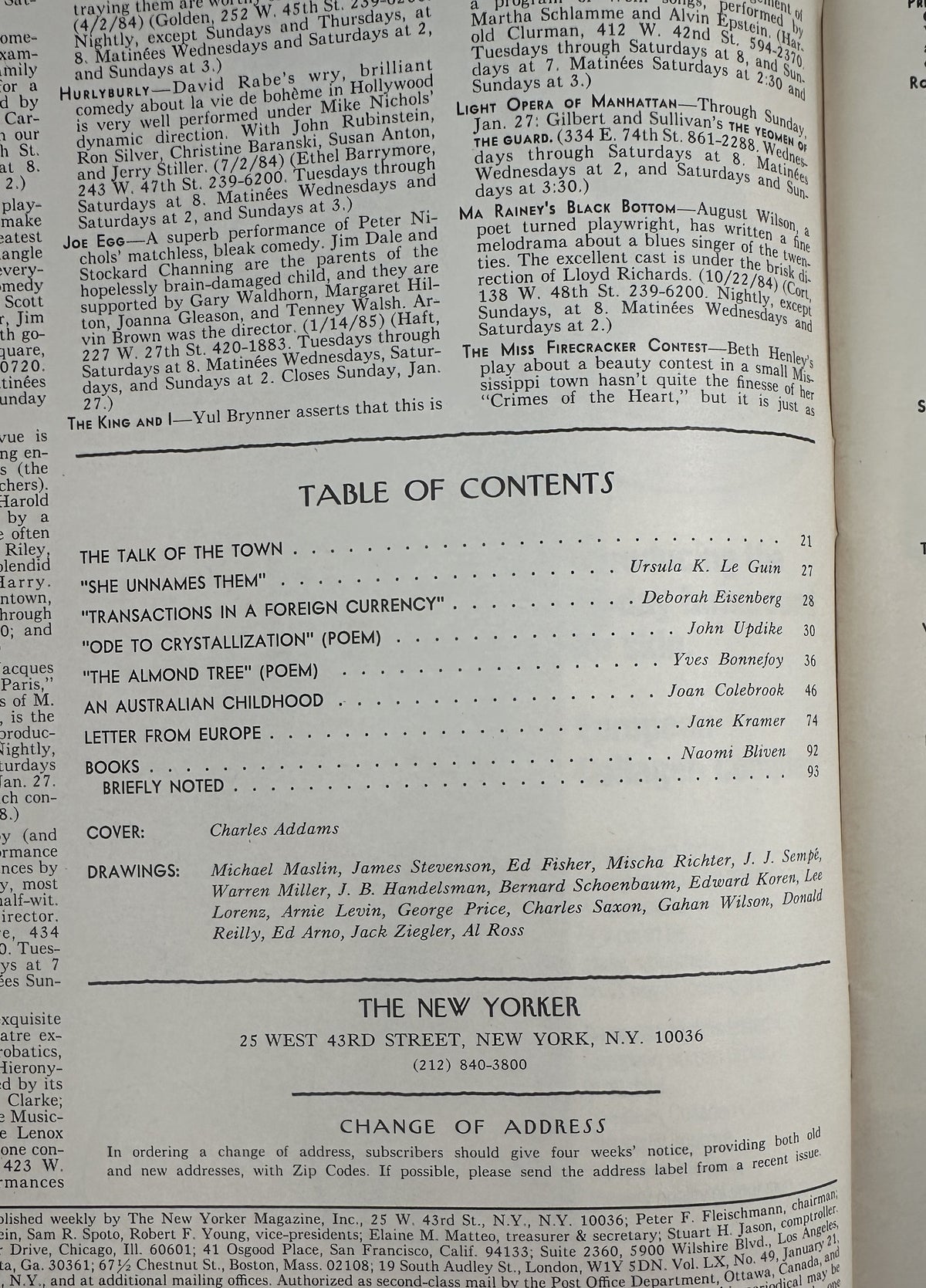 The New Yorker Magazine January 21, 1985 Snowy City Snowman Charles Addams Cover showing the printed table of contents and editorial listings inside the vintage magazine.
