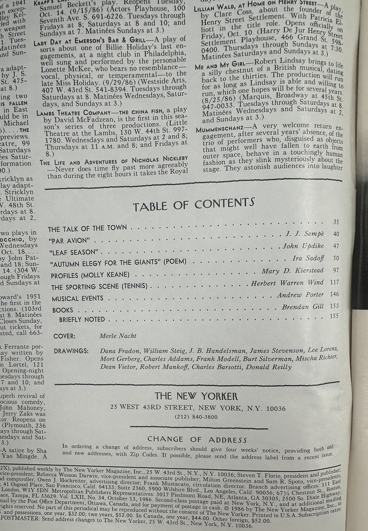 The New Yorker Magazine October 13, 1986 Autumn Tree Merle Nacht Cover interior table of contents page listing articles, poems, profiles, sporting scene, musical events, and books