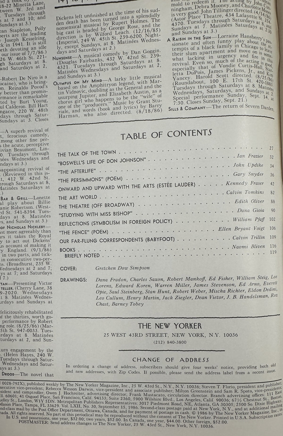 The New Yorker Magazine September 15, 1986 Snow Fence Gretchen Dow Simpson Cover, interior table of contents page listing articles, poems, reviews, and contributors.