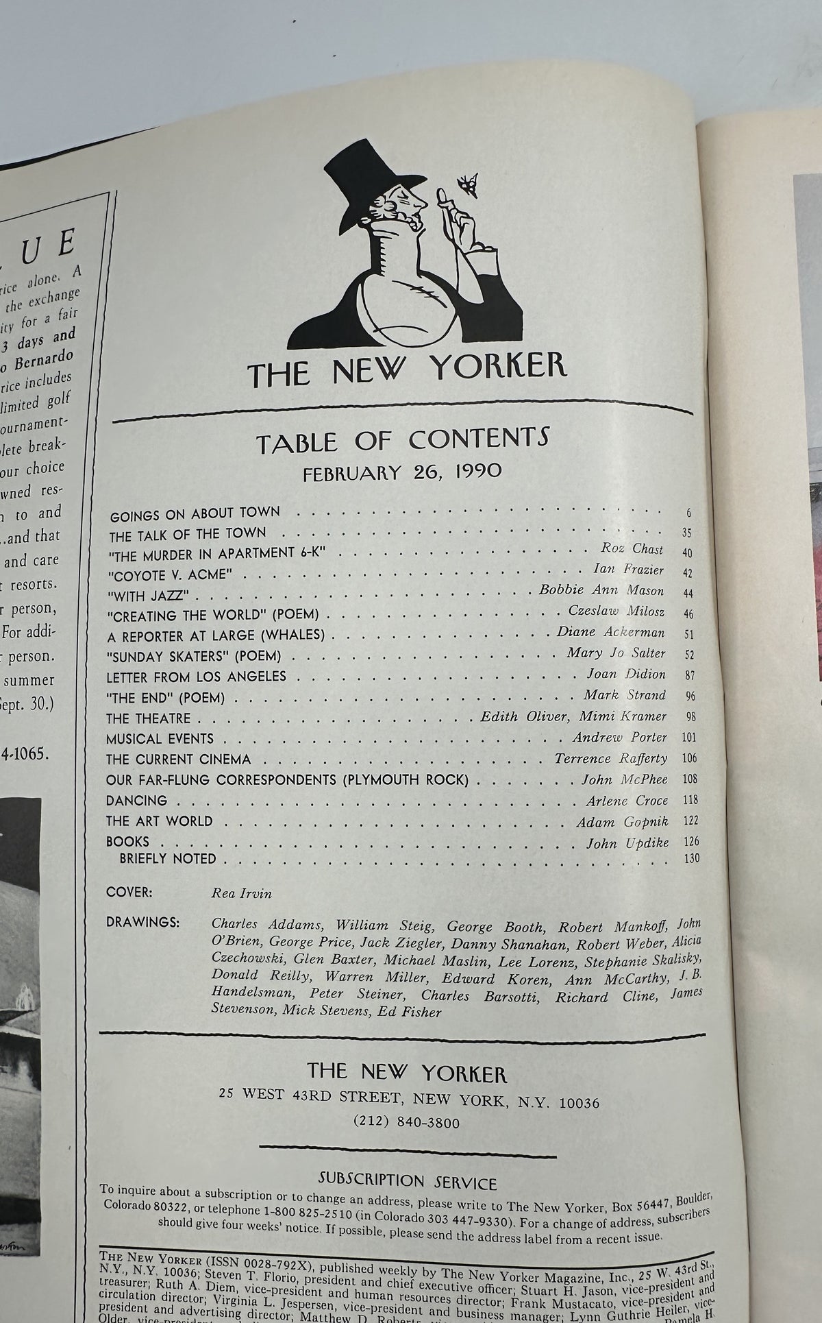 The New Yorker Magazine February 26, 1990 Eustace Tilley Butterfly Rea Irvin Cover opened to the February 26, 1990 table of contents page.